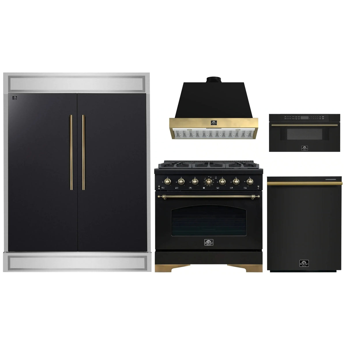Forno 5-Piece Appliance Package - 36-Inch Gas Range, Wall Mount Range Hood, 60-Inch Convertible Refrigerator with Modern Trim, Dishwasher, and 30-Inch Microwave Drawer in Black with Antique Brass Trim