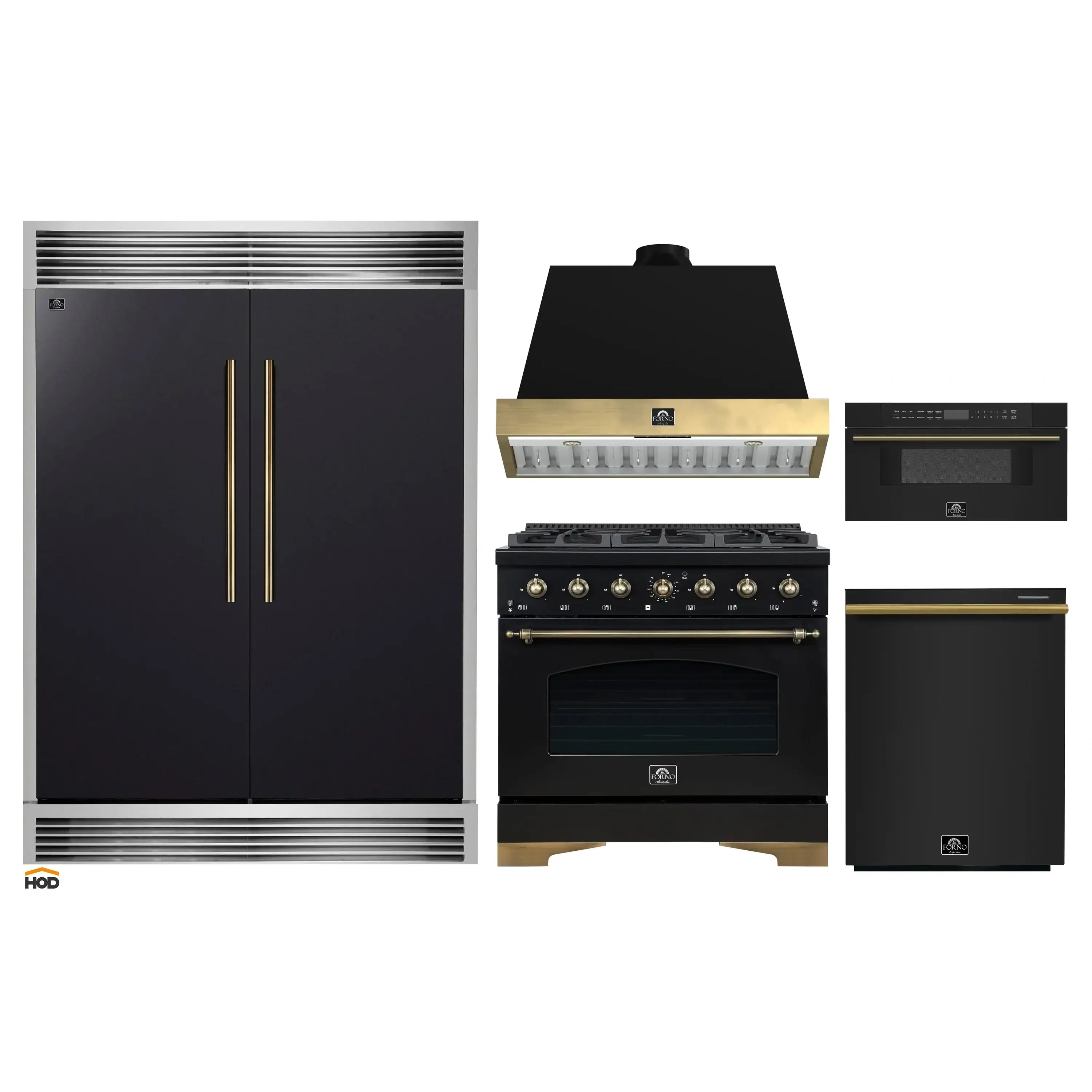 Black kitchen appliance set with antique brass accents