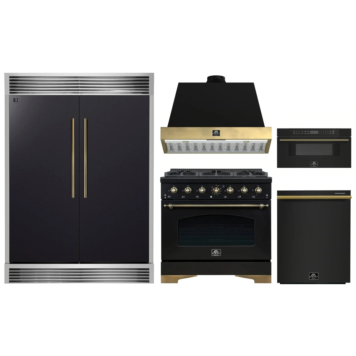 Forno 5-Piece Appliance Package - 36-Inch Gas Range, Wall Mount Range Hood, 60-Inch Convertible Refrigerator with Modern Grille Trim, Dishwasher, and 30-Inch Microwave Drawer in Black with Antique Brass Trim