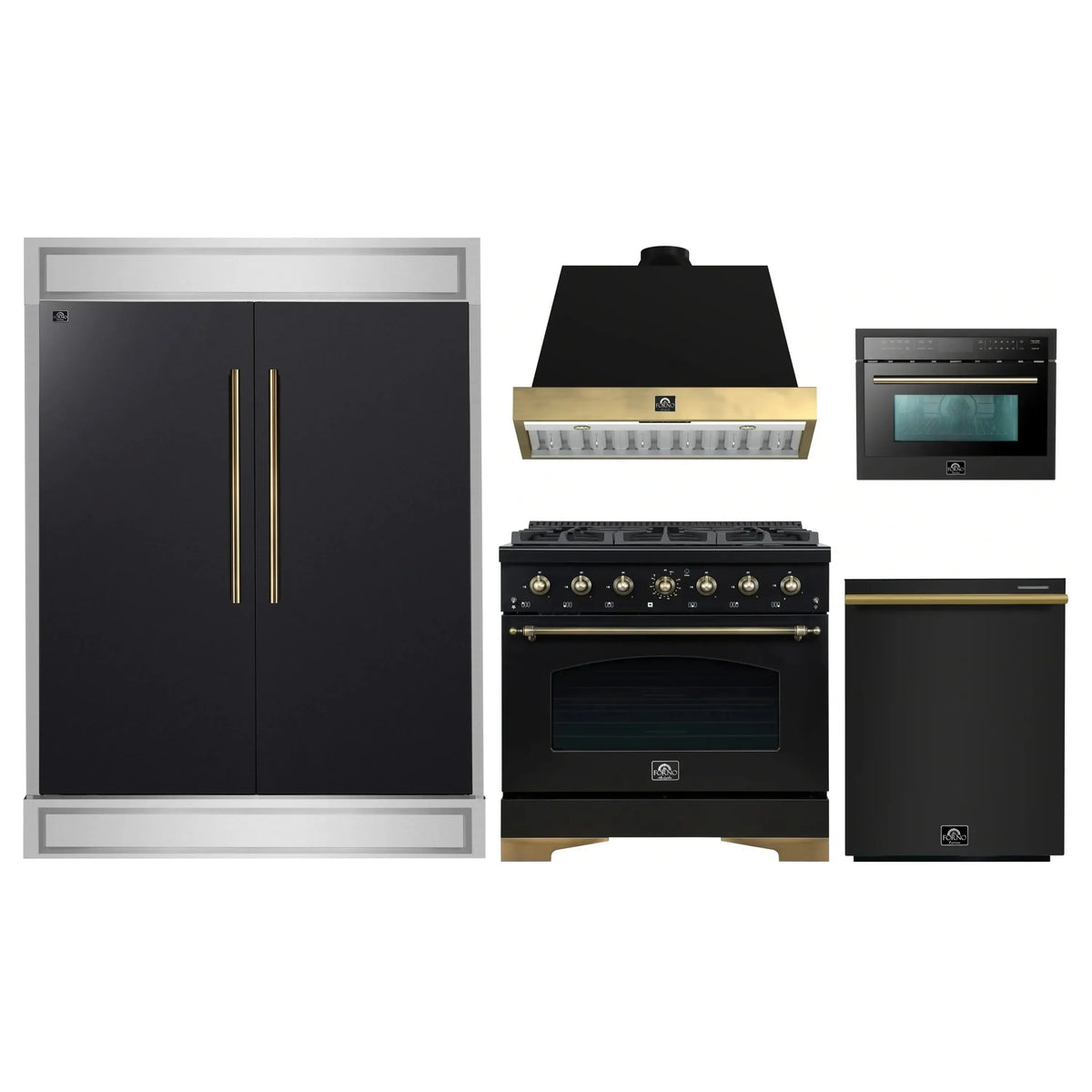 Forno 5-Piece Appliance Package - 36-Inch Gas Range, Wall Mount Range Hood, 60-Inch Convertible Refrigerator with Modern Trim, Dishwasher, and 24-Inch Microwave Oven in Black with Antique Brass Trim