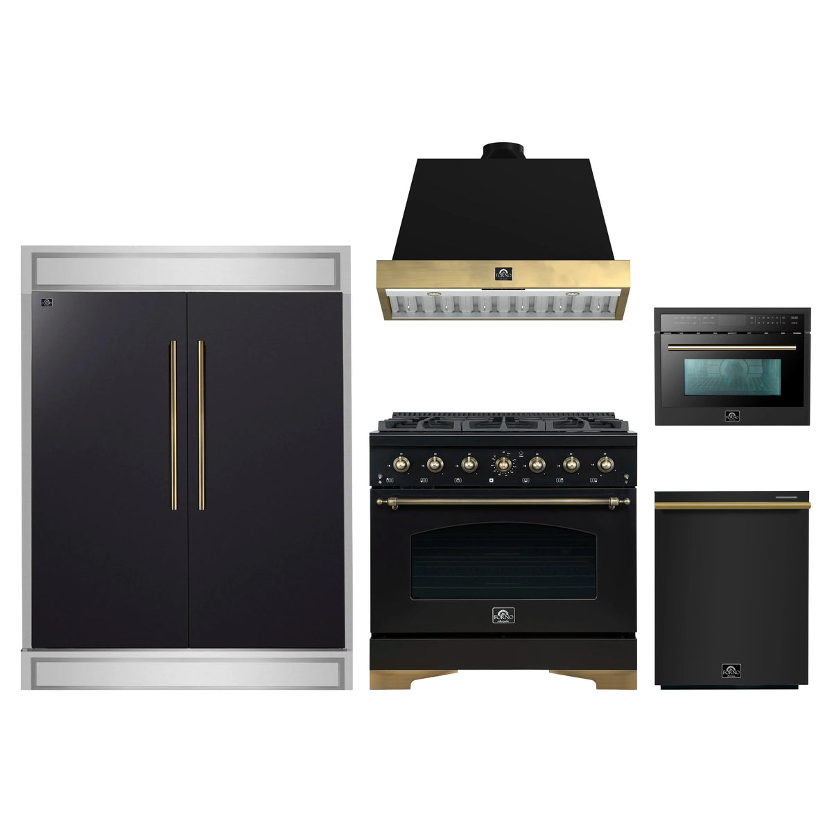 Forno 5-Piece Appliance Package - 36-Inch Gas Range, Wall Mount Range Hood, 60-Inch Convertible Refrigerator with Modern Trim, Dishwasher, and 24-Inch Microwave Oven in Black with Antique Brass Trim