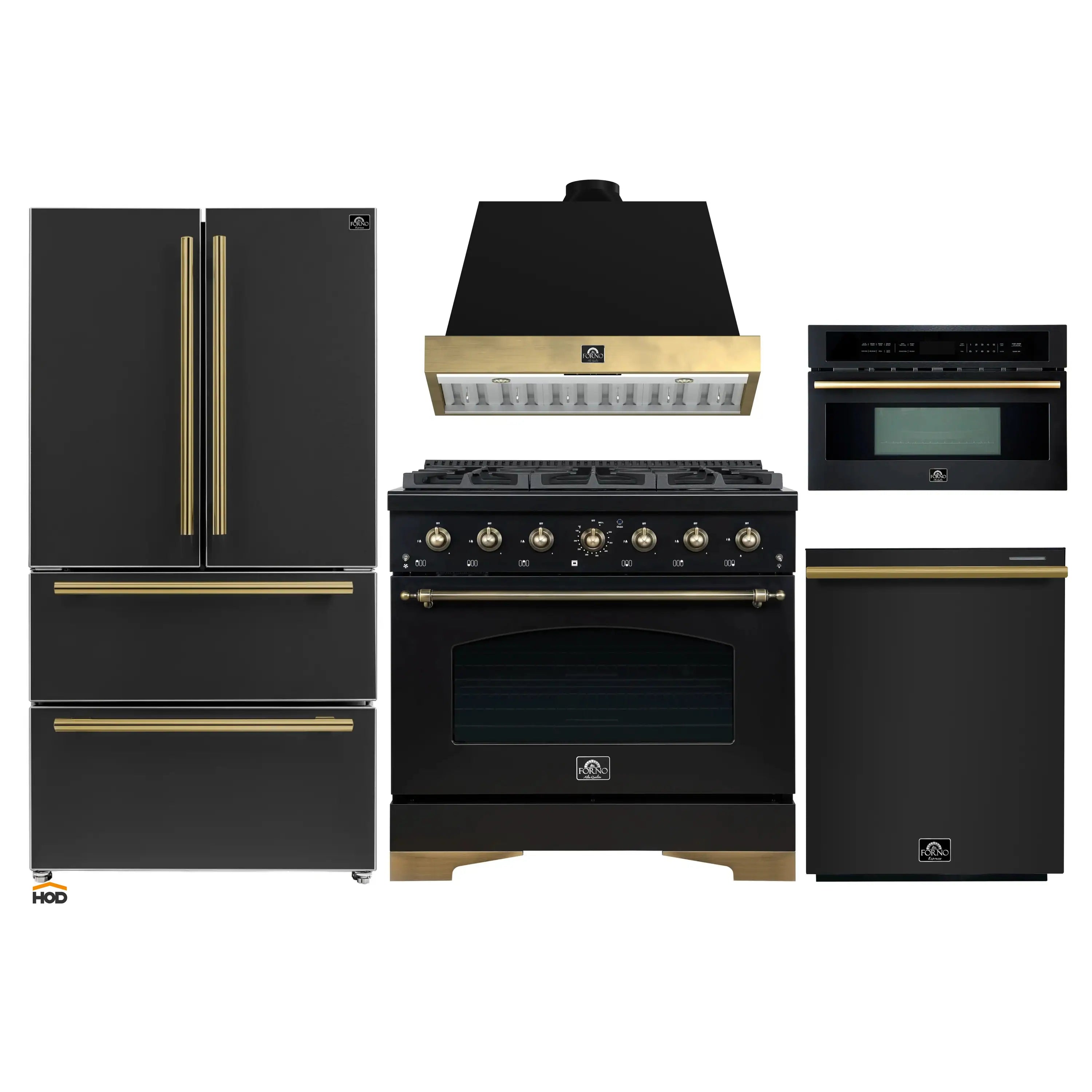 Black 5-piece appliance package with antique brass trim: range, hood, fridge, dishwasher, microwave