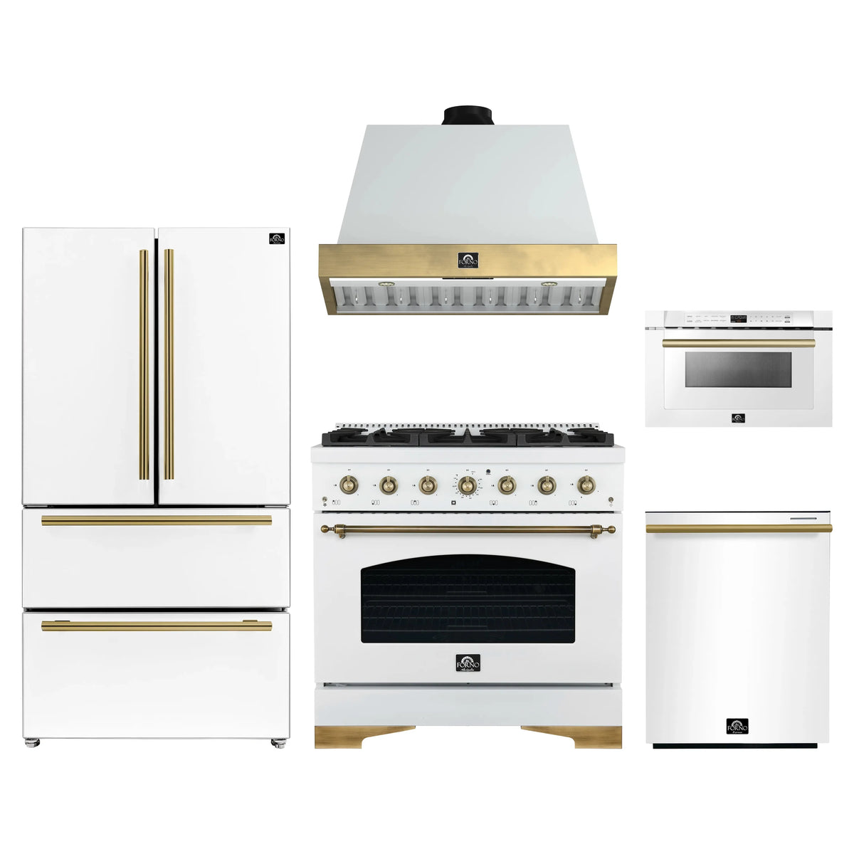 Forno Antico 5-Piece Appliance Package - 36-Inch Gas Range, 36-Inch Hood, 36-Inch Refrigerator, 24-Inch Dishwasher, & 24-Inch Microwave Drawer in White with Antique Brass Trim