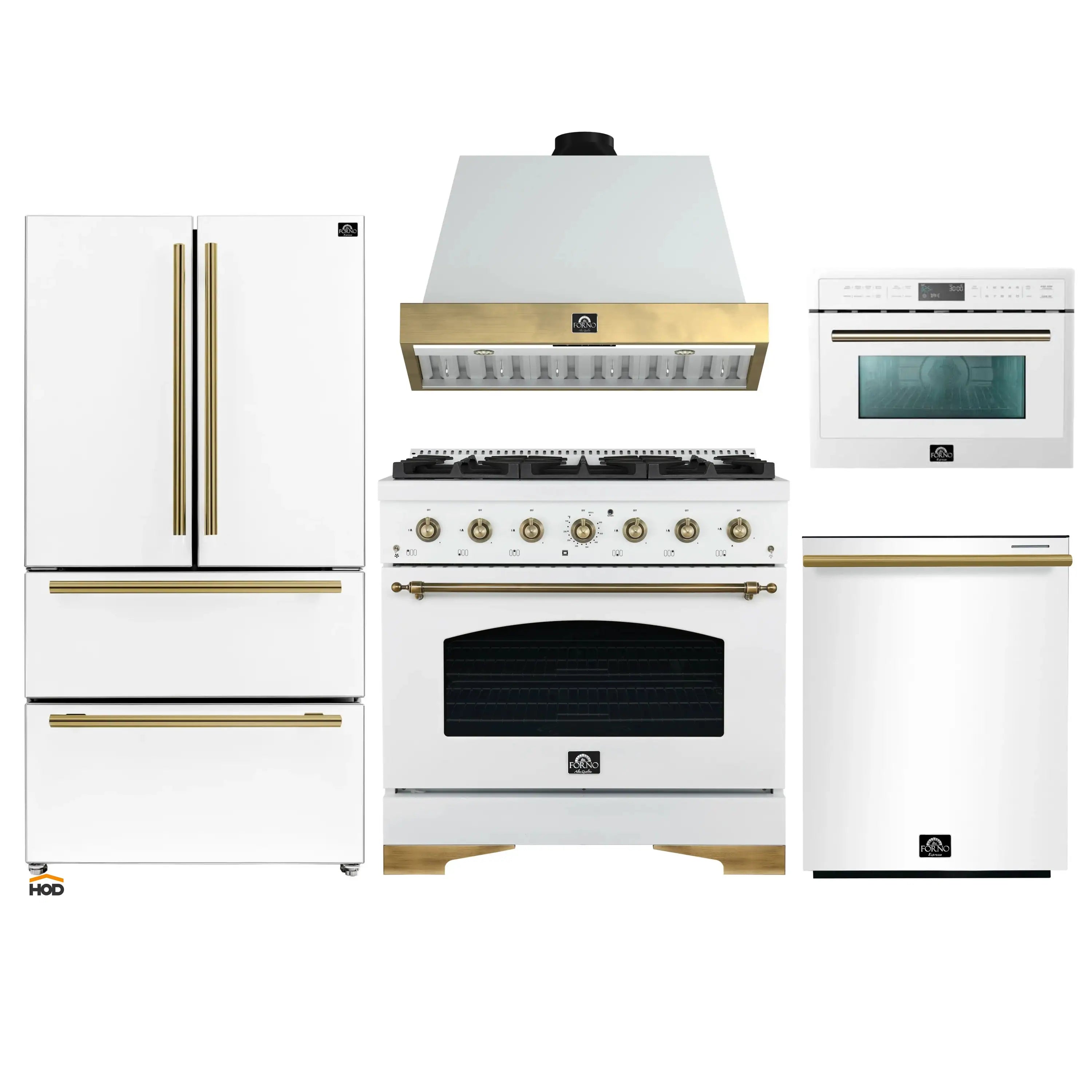White appliance package with refrigerator, gas range, hood, oven, and microwave