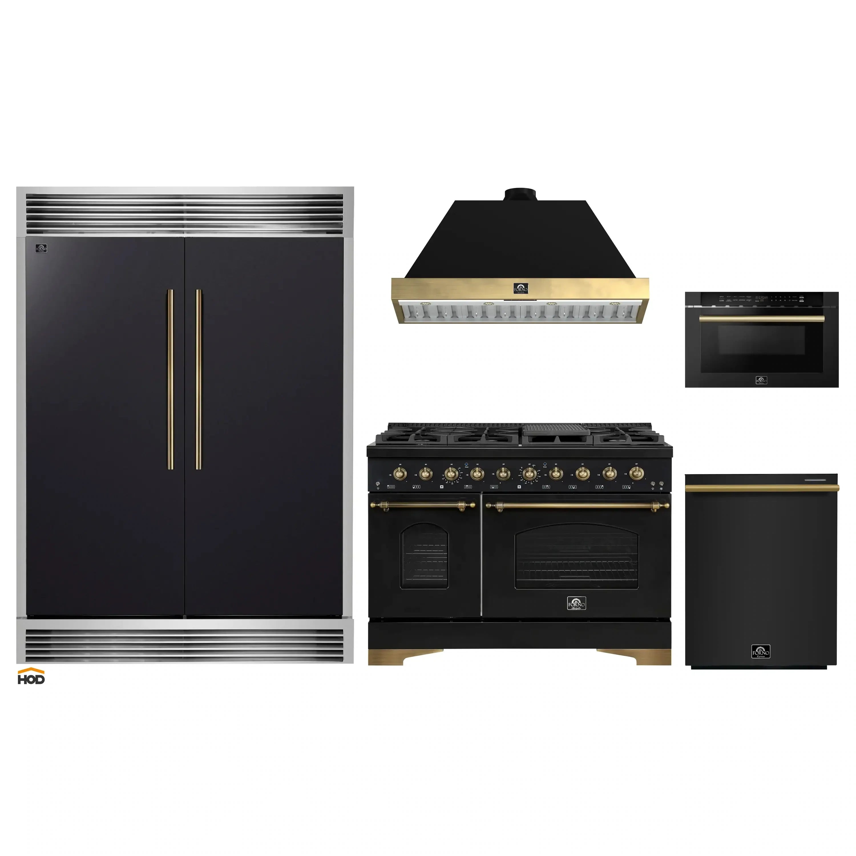 Black 2-door refrigerator with stainless grille trim and antique brass vertical handles