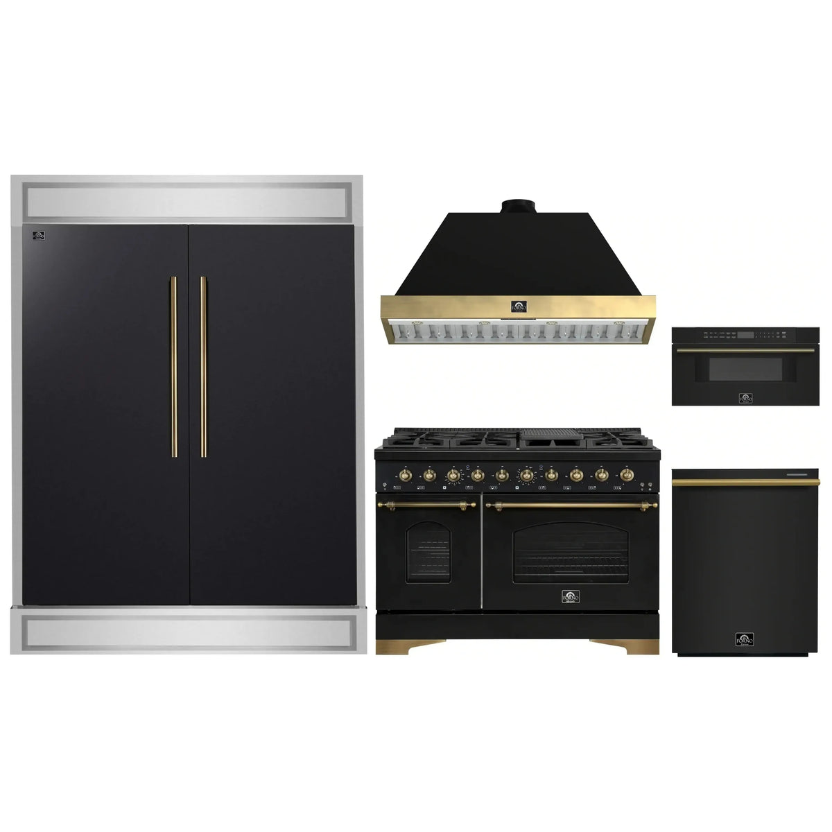 Forno 5-Piece Appliance Package - 48-Inch Gas Range, Hood, 60-Inch Convertible Refrigerator with Modern Trim, Dishwasher, and 30-Inch Microwave Drawer in Black with Antique Brass Trim