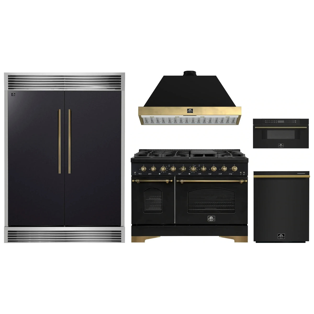 Forno 5-Piece Appliance Package - 48-Inch Gas Range, Hood, 60-Inch Convertible Refrigerator with Modern Grille Trim, Dishwasher, and 30-Inch Microwave Drawer in Black with Antique Brass Trim