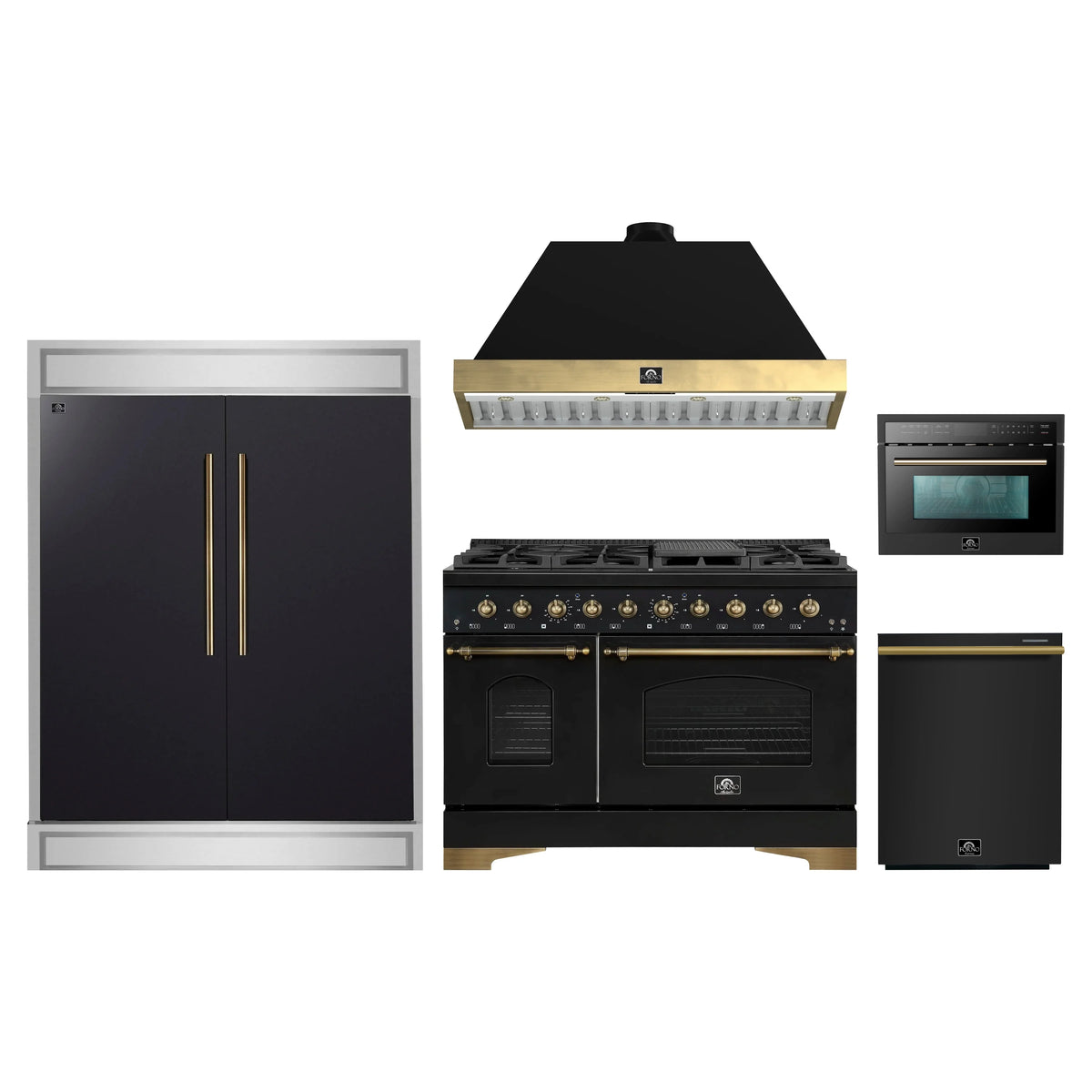 Forno 5-Piece Appliance Package - 48-Inch Gas Range, Hood, 60-Inch Convertible Refrigerator with Modern Trim, Dishwasher, and 24-Inch Microwave Oven in Black with Antique Brass Trim