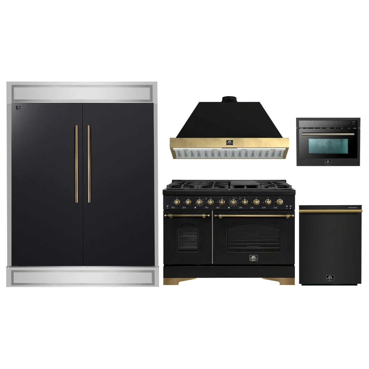Forno 5-Piece Appliance Package - 48-Inch Gas Range, Hood, 60-Inch Convertible Refrigerator with Modern Trim, Dishwasher, and 24-Inch Microwave Oven in Black with Antique Brass Trim