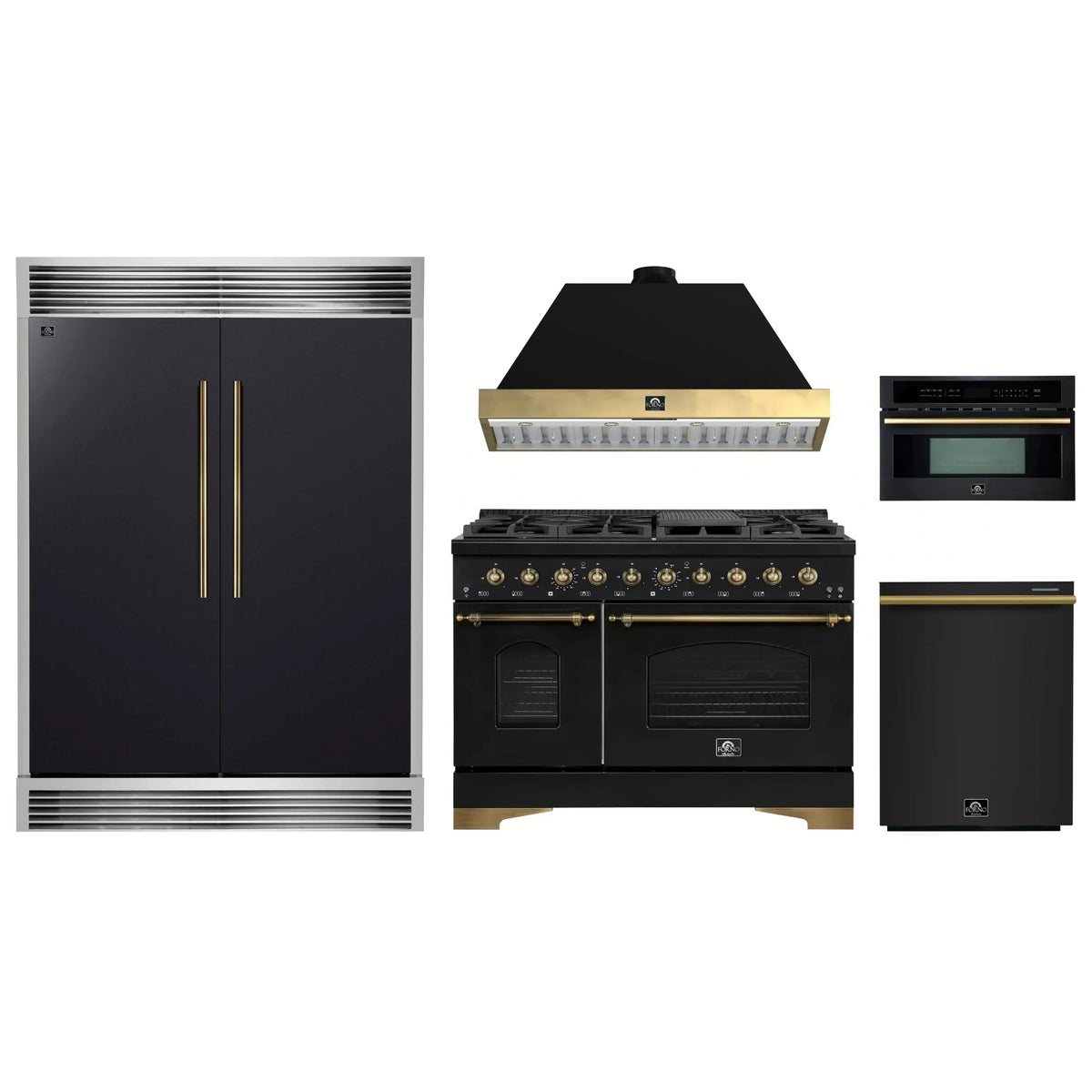 Forno 5-Piece Appliance Package - 48-Inch Gas Range, Hood, 60-Inch Convertible Refrigerator with Modern Grille Trim, Dishwasher, and 30-Inch Microwave Oven in Black with Antique Brass Trim