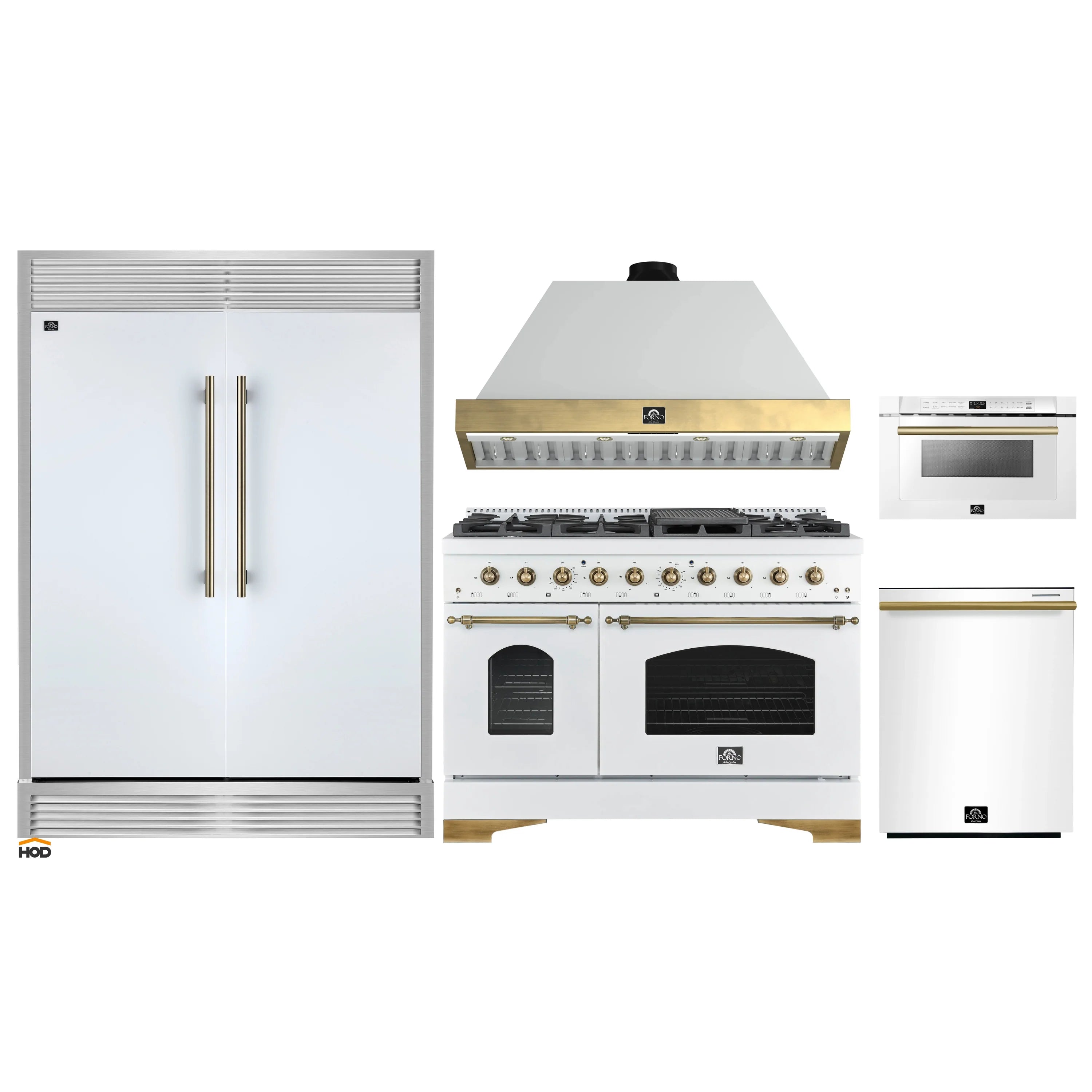 White gas range with brass knobs, wall hood, refrigerator and compact microwave/dishwasher