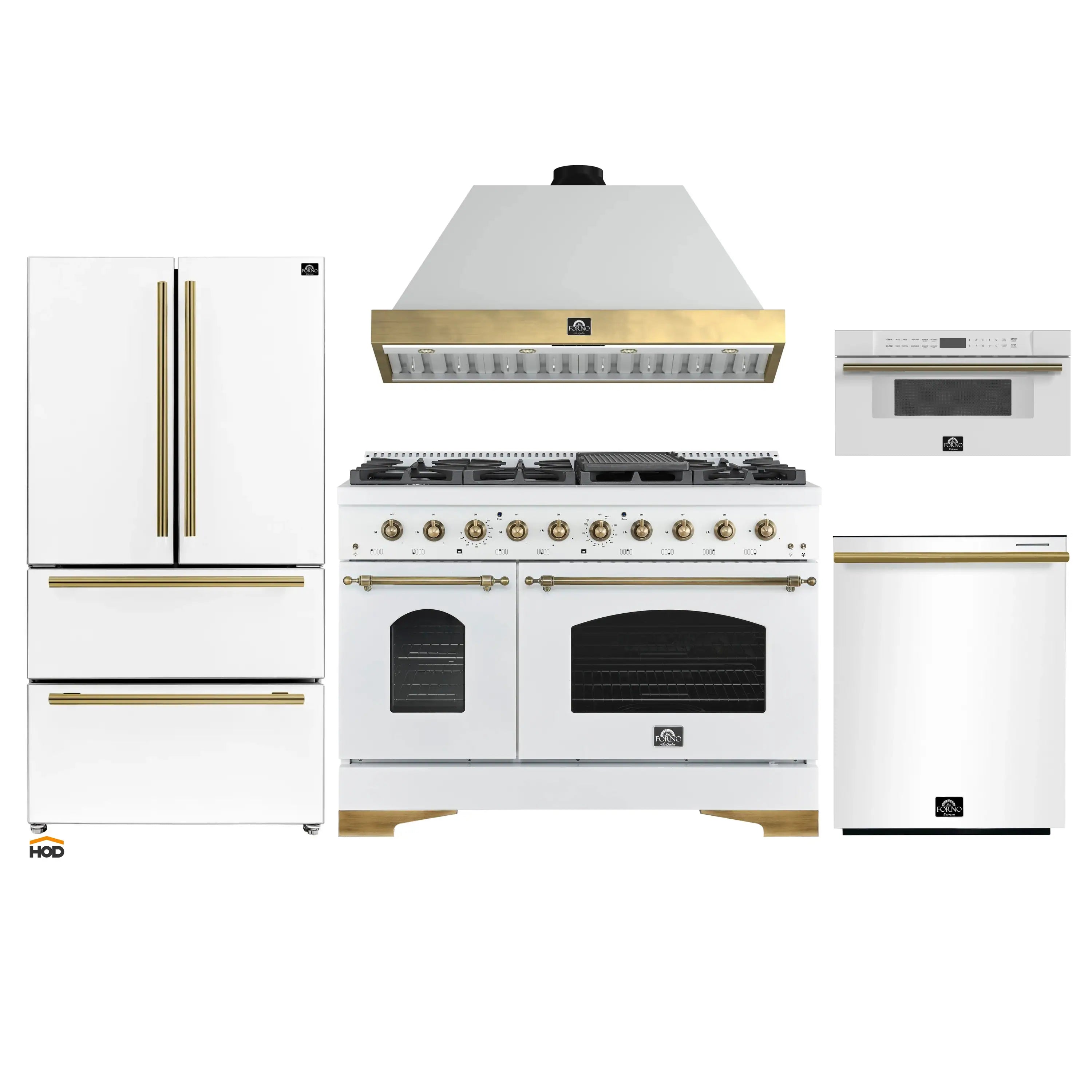 White kitchen appliance package with brass trim: range, hood, fridge, dishwasher