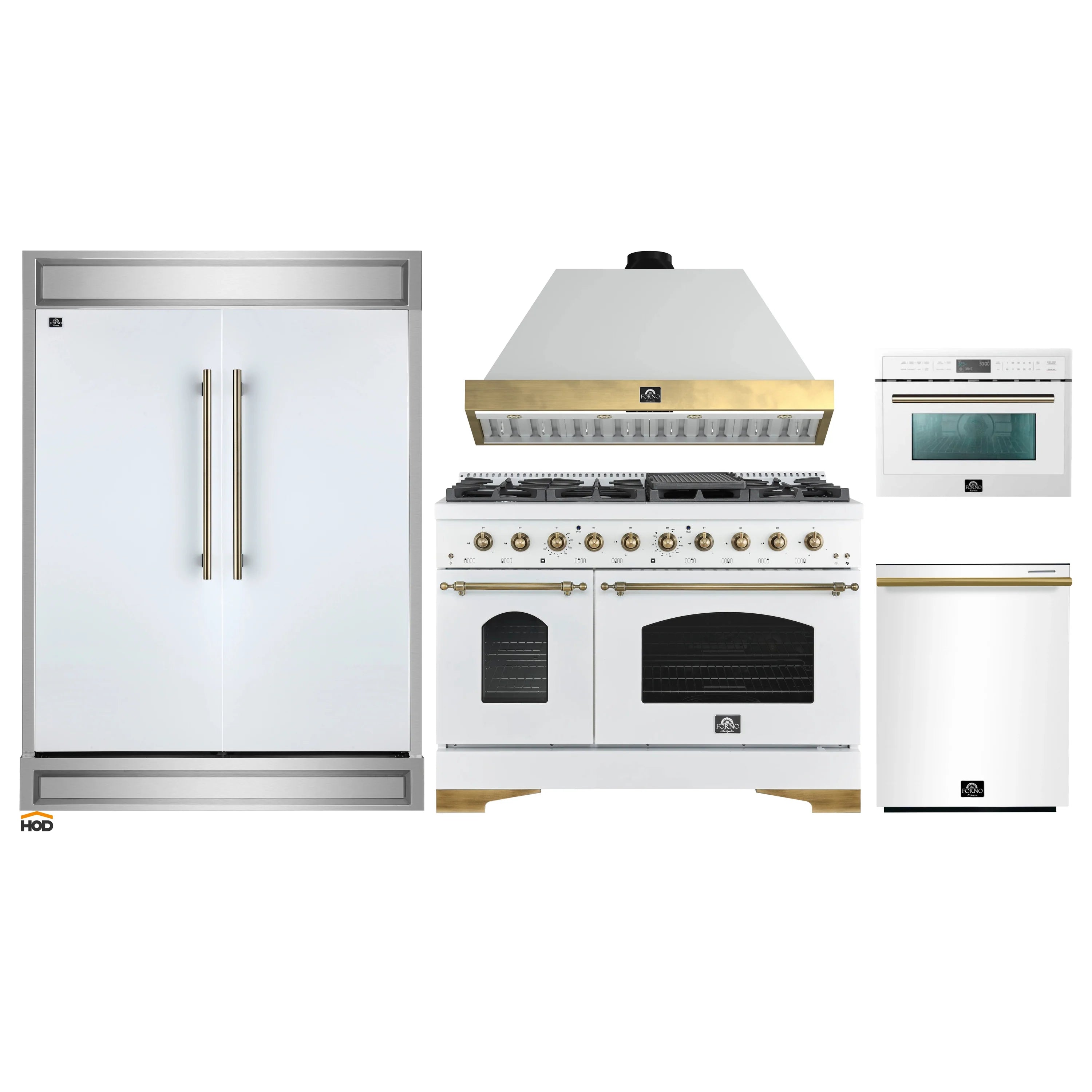 White 5-piece appliance package with refrigerator, gas range, hood, dishwasher, microwave