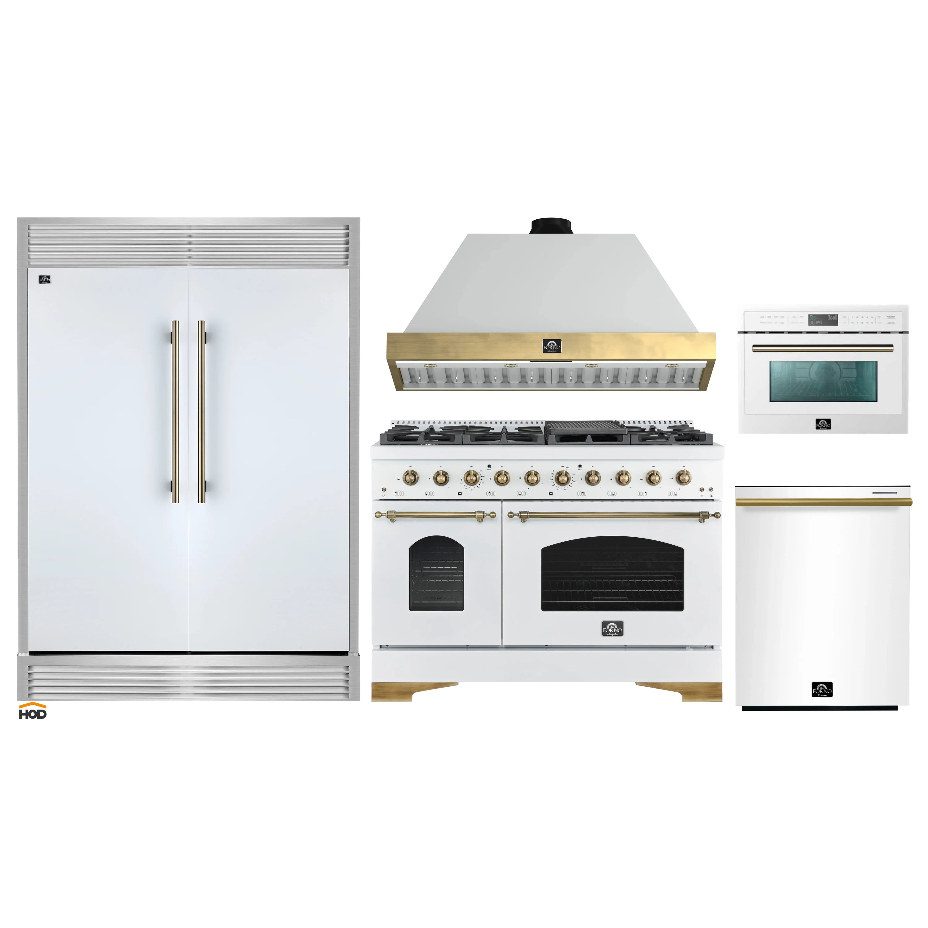 Forno appliance package in white with refrigerator, gas range, microwave, and dishwasher