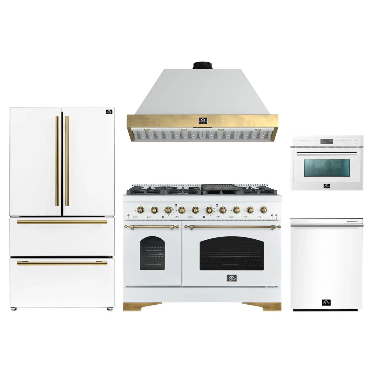Forno Antico 5-Piece Appliance Package - 48-Inch Gas Range, 48-Inch Hood, 36-Inch Refrigerator, 24-Inch Dishwasher, & 24-Inch Microwave Oven in White with Antique Brass Trim