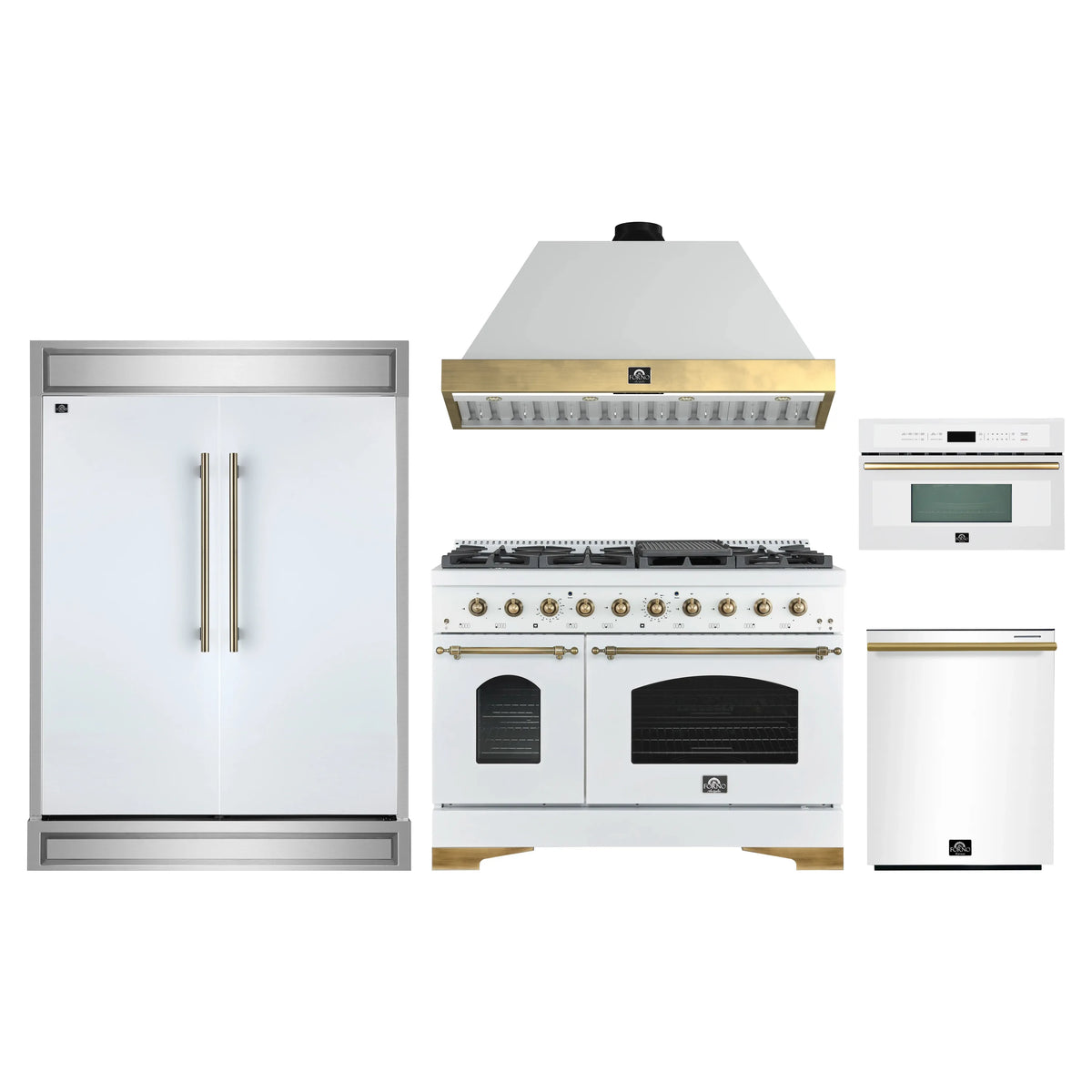 Forno 5-Piece Appliance Package - 48-Inch Antico Gas Range, Wall Mount Range Hood, 60-Inch Refrigerator, Dishwasher, & 30-Inch Microwave Oven in White with Antique Brass Trim