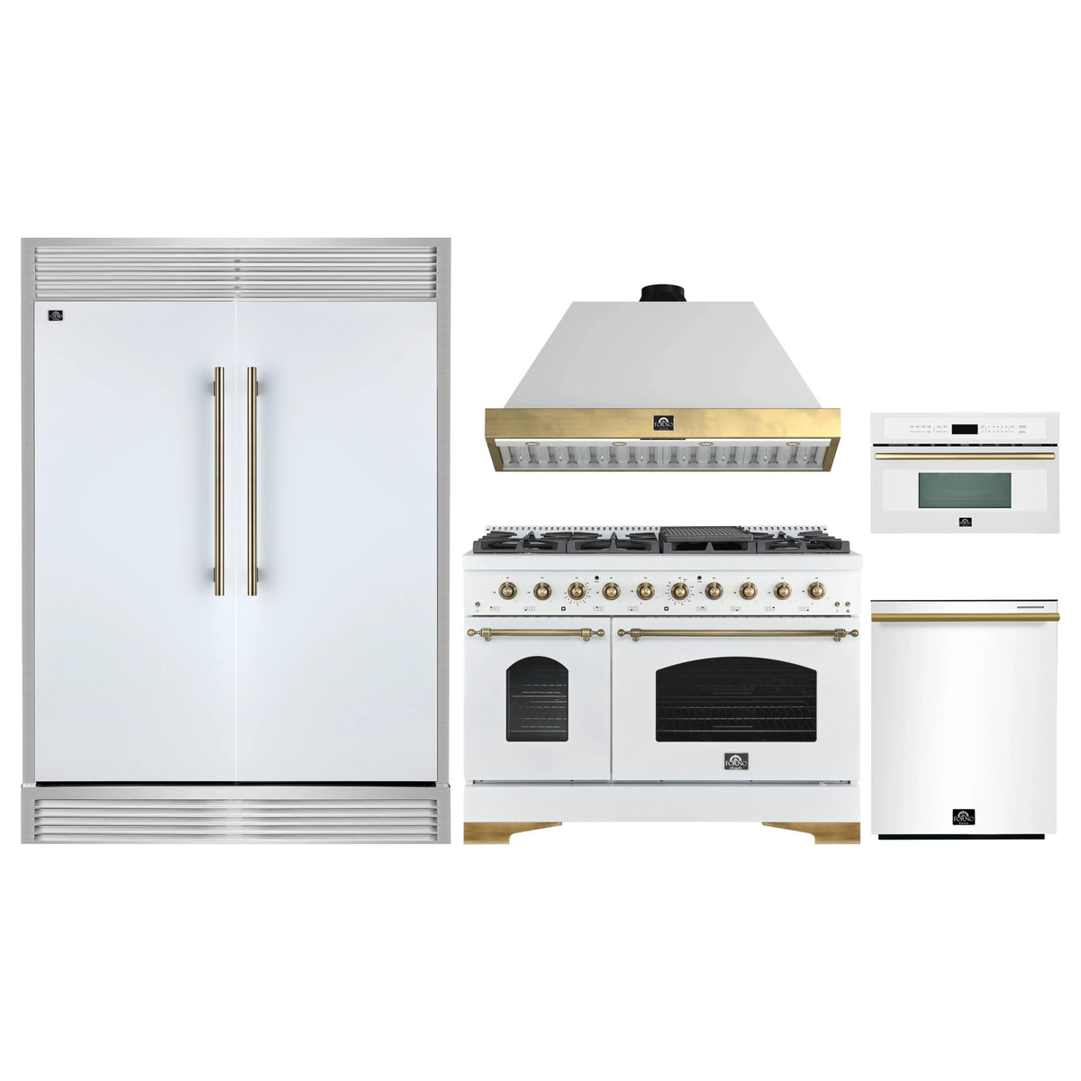 Forno 5-Piece Appliance Package - 48-Inch Antico Gas Range, Wall Mount Range Hood, 60-Inch Refrigerator, Dishwasher, & 30-Inch Microwave Oven in White with Antique Brass Trim