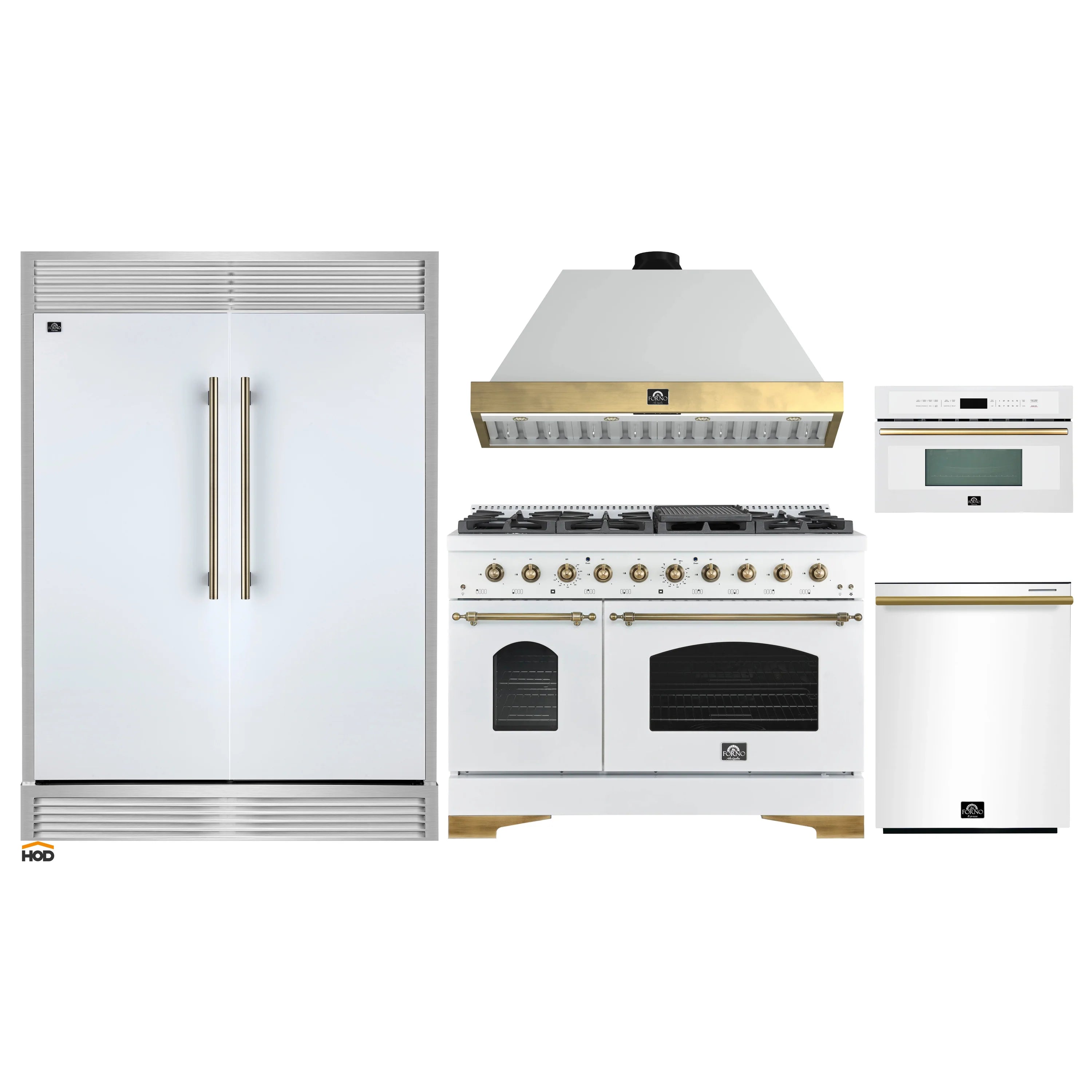 White appliance package: refrigerator, gas range with brass knobs, wall hood, microwave