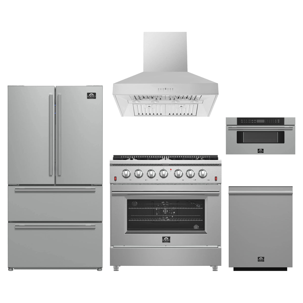 Forno 5-Piece Appliance Package - 36-Inch Gas Range, Wall Mount Range Hood, 36-Inch Refrigerator, Dishwasher, and 30-Inch Microwave Drawer in Stainless Steel