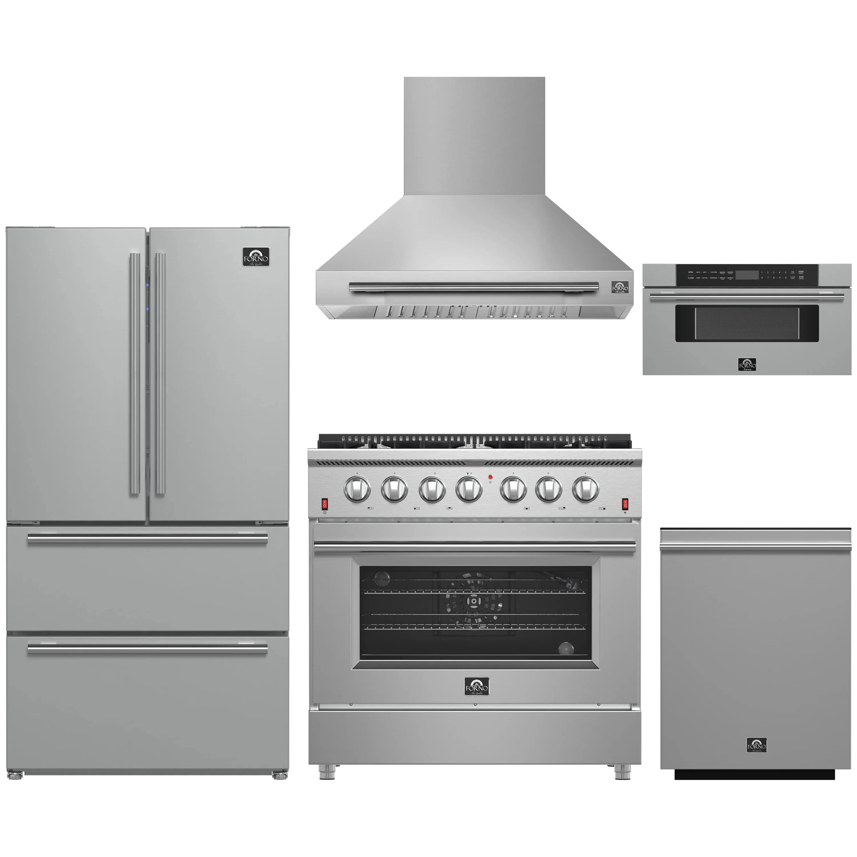 Stainless appliance package with refrigerator, gas range, dishwasher, and wall hood