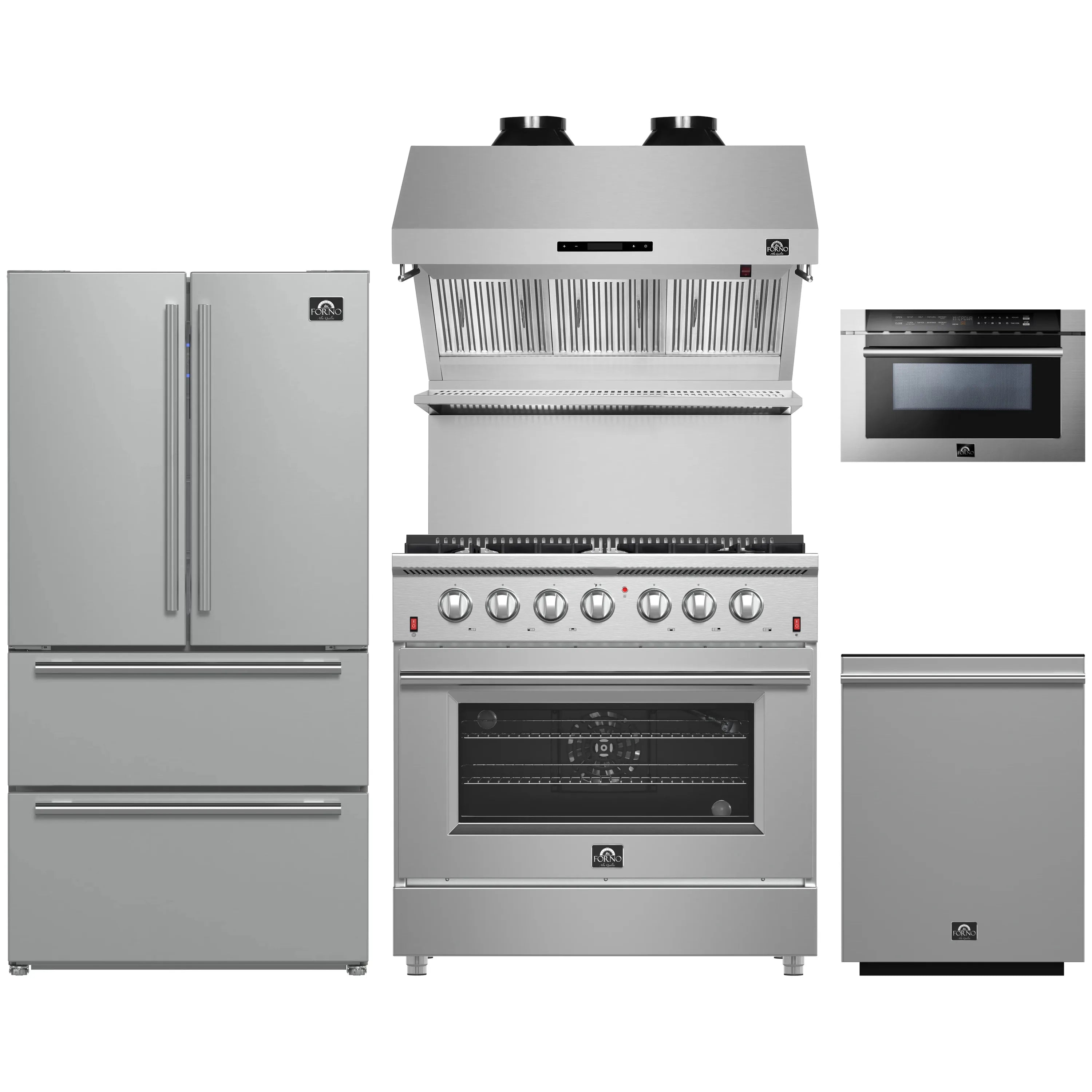 Stainless steel kitchen appliance set with refrigerator, gas range, and microwave