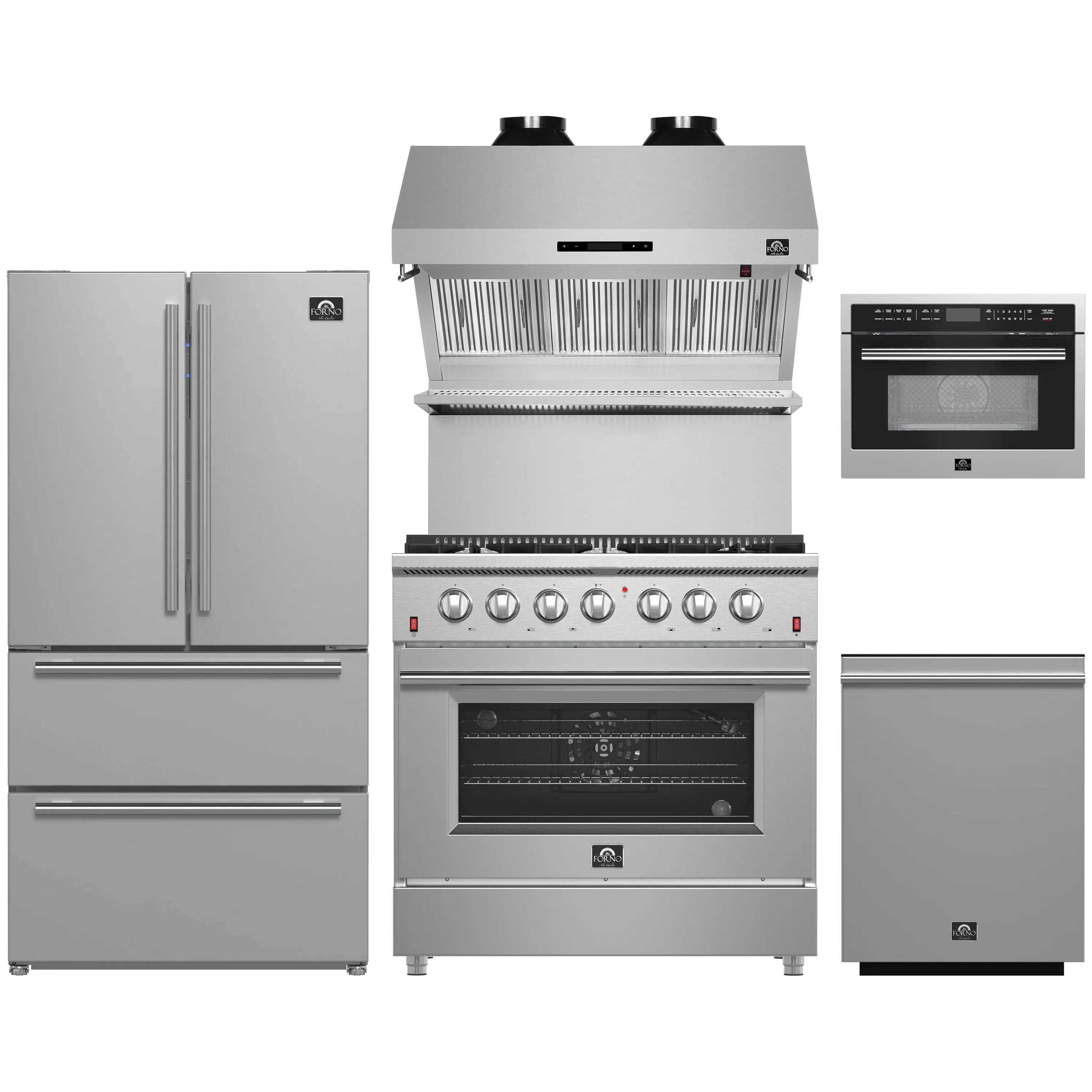 Stainless steel kitchen appliance set with refrigerator, range, microwave, and hood