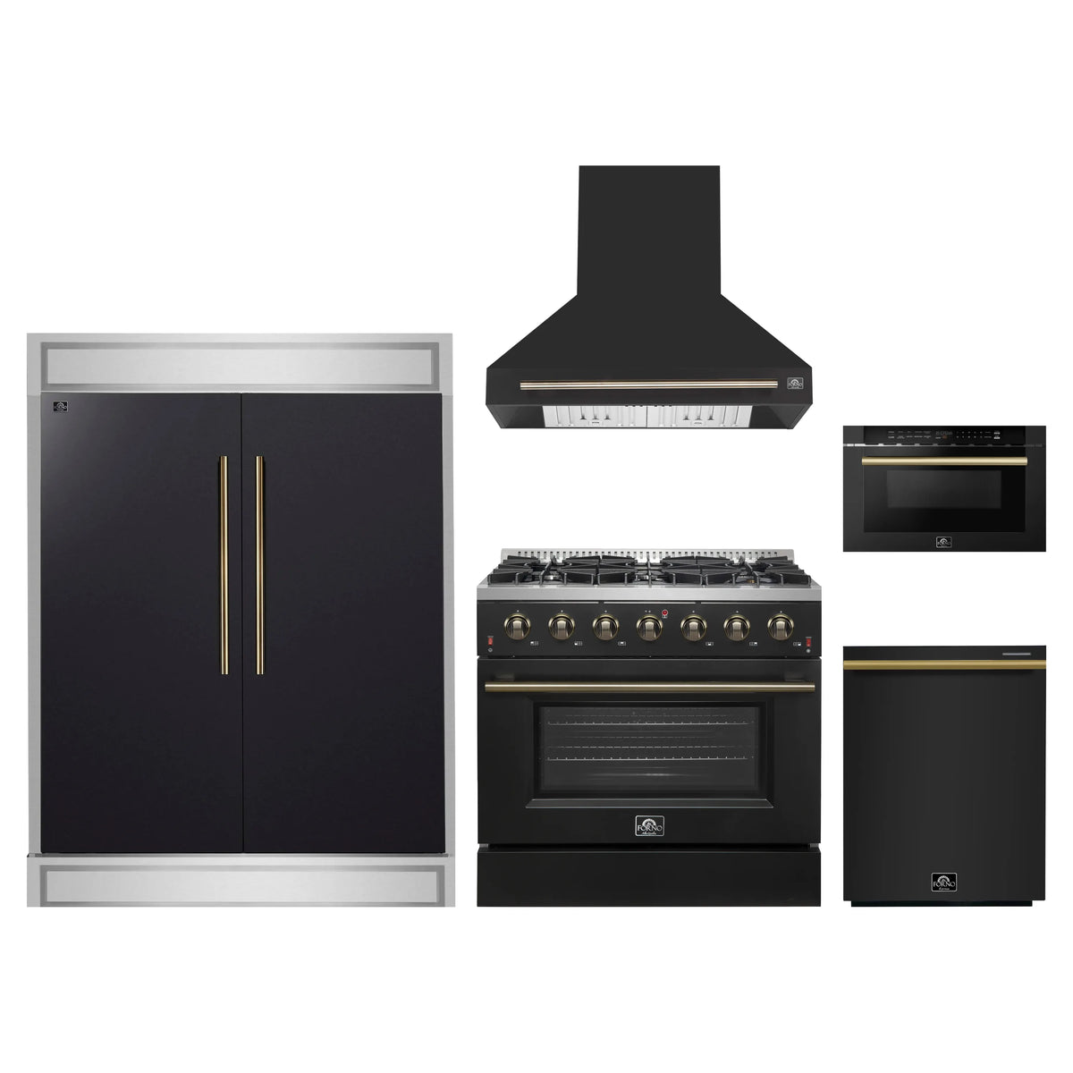 Forno 5-Piece Appliance Package - 36-Inch Gas Range, Wall Mount Range Hood, 60-Inch Refrigerator, Dishwasher, and 24-Inch Microwave Drawer in Black with Antique Brass Trim
