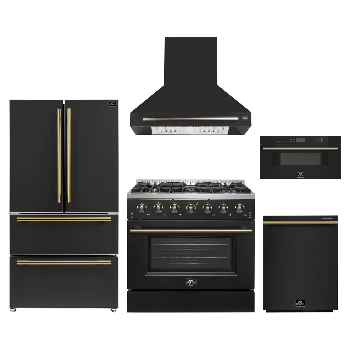 Forno 5-Piece Appliance Package - 36-Inch Gas Range, Wall Mount Range Hood, 36-Inch Refrigerator, Dishwasher, and 30-Inch Microwave Drawer in Black with Antique Brass Trim