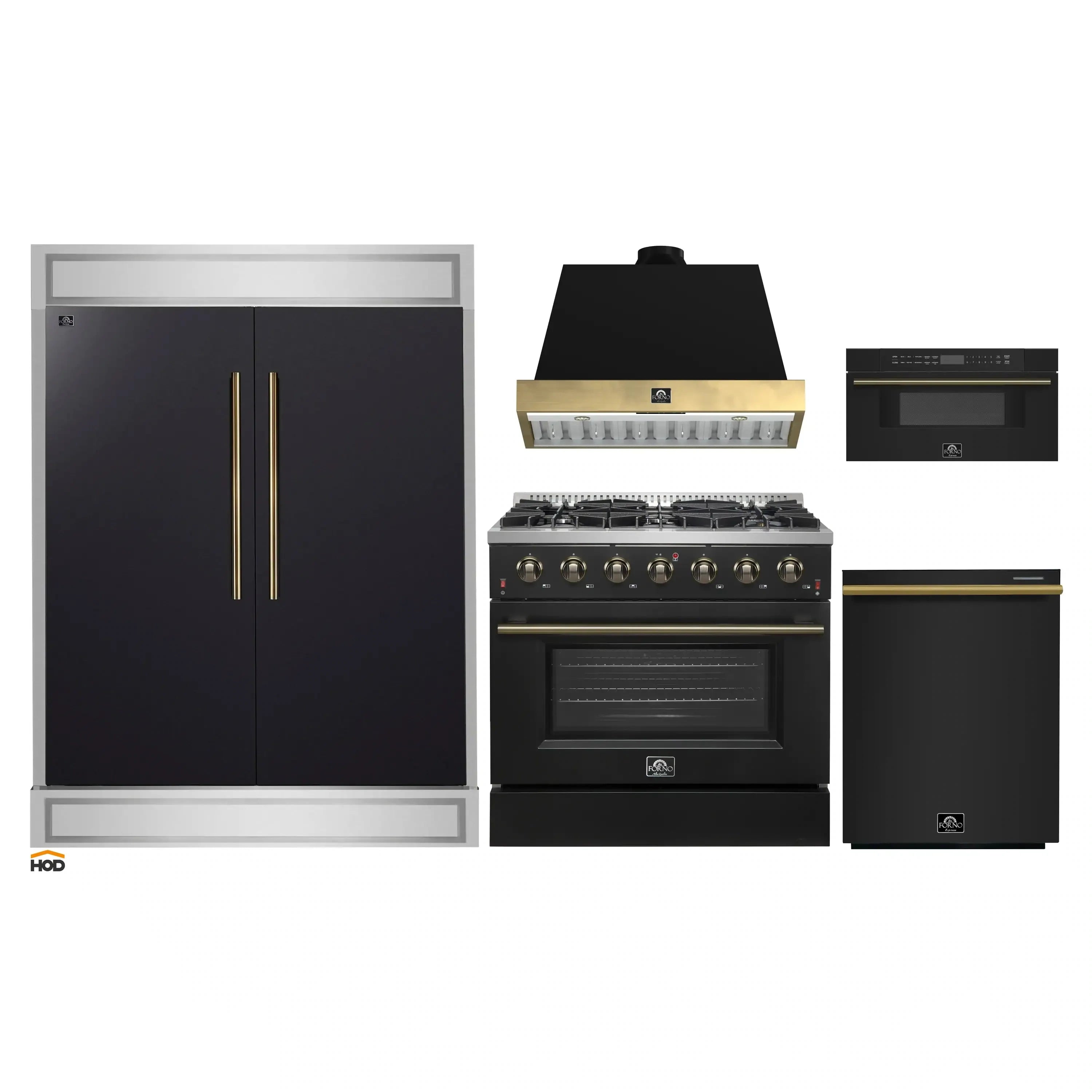 Black gas range, black dishwasher, and dark refrigerator with brass accents