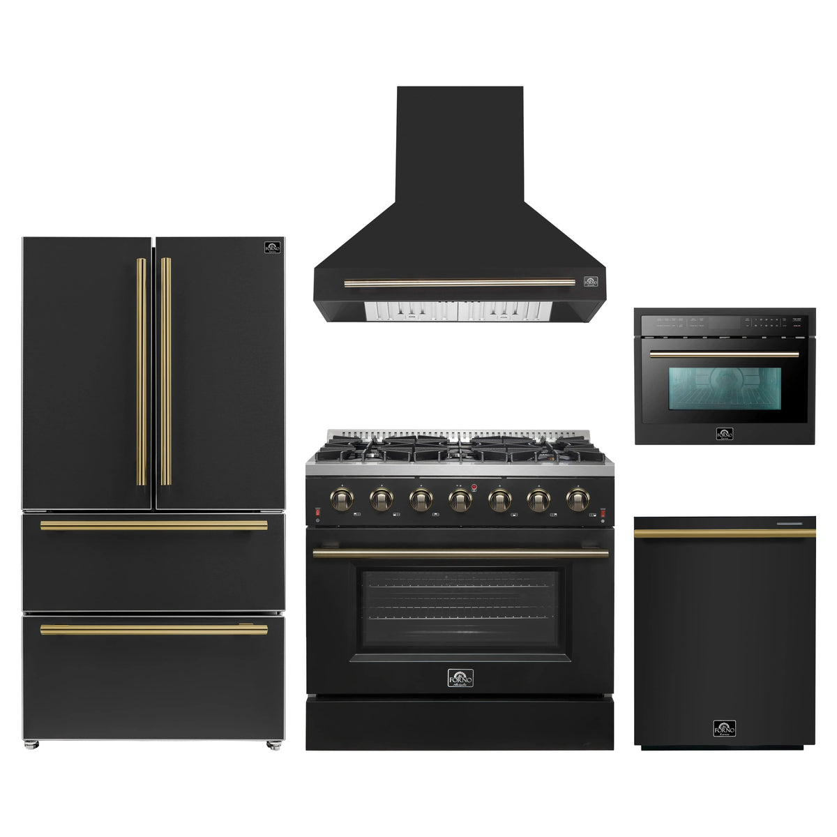Forno Galiano 5-Piece Appliance Package - 36-Inch Gas Range, 36-Inch Hood, 36-Inch Refrigerator, 24-Inch Dishwasher, & 24-Inch Microwave Oven in Black with Antique Brass Trim