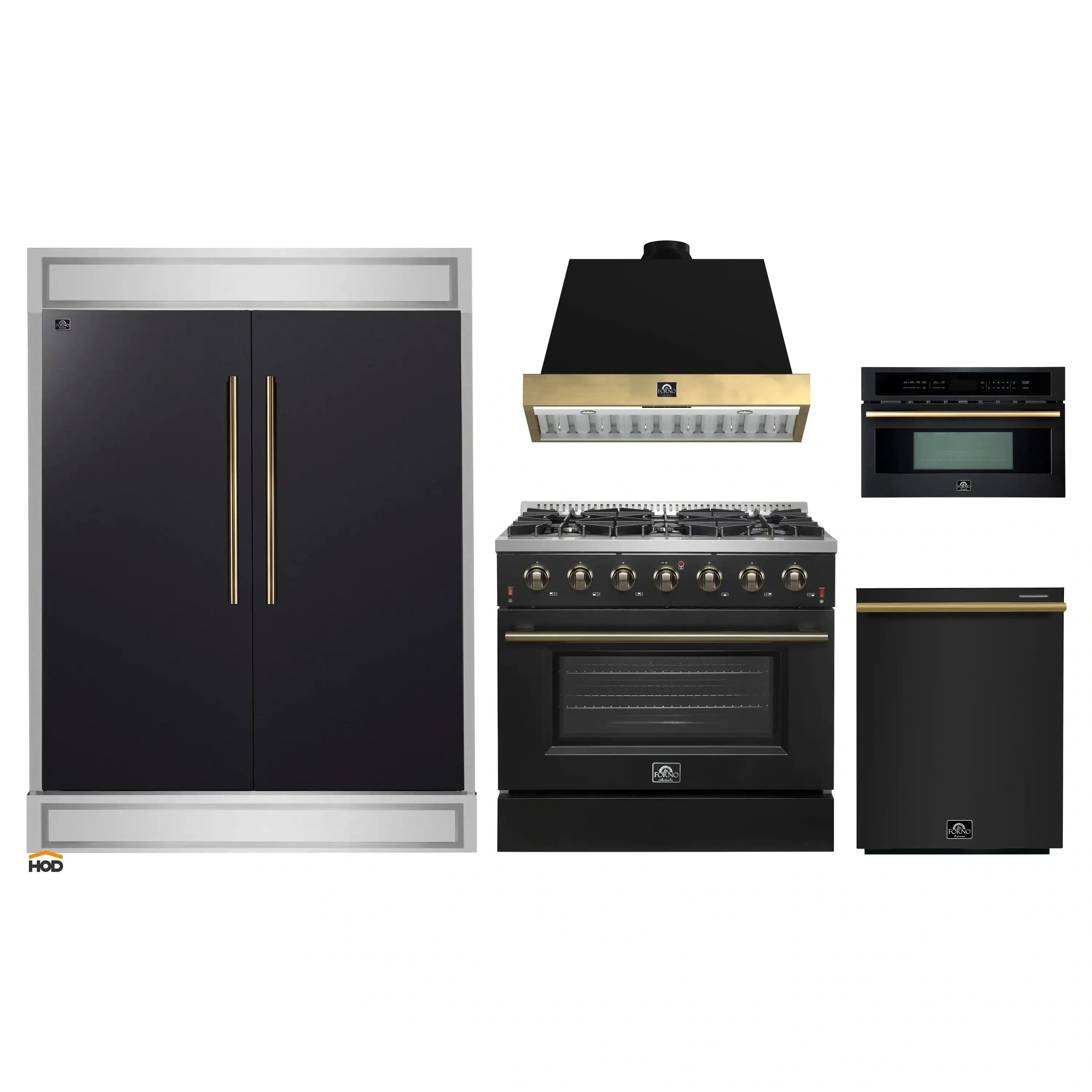 Black appliance package featuring range, refrigerator, microwave, dishwasher, and hood