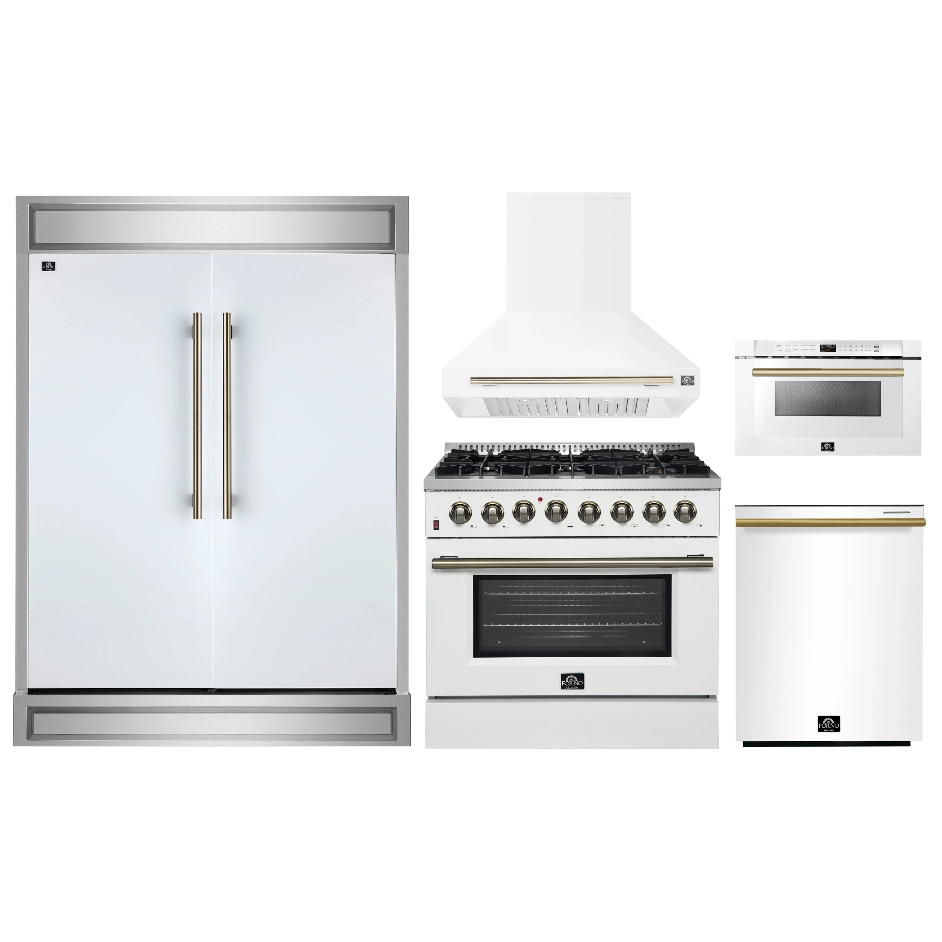 White kitchen appliance set with refrigerator, gas range, range hood, and microwave drawer