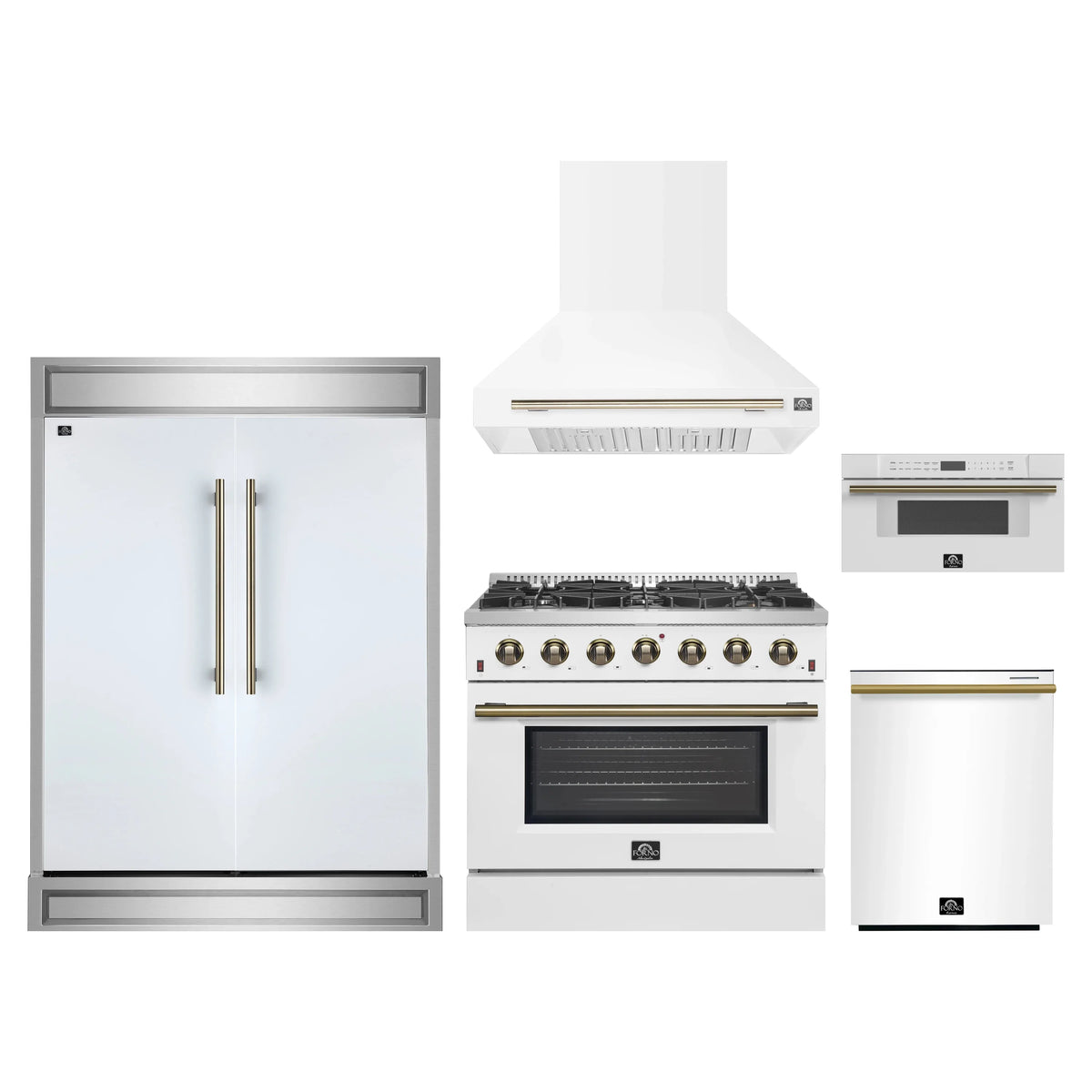Forno 5-Piece Appliance Package - 36-Inch Gas Range, Wall Mount Range Hood, 60-Inch Refrigerator, Dishwasher, and 30-Inch Microwave Drawer in White with Antique Brass Trim