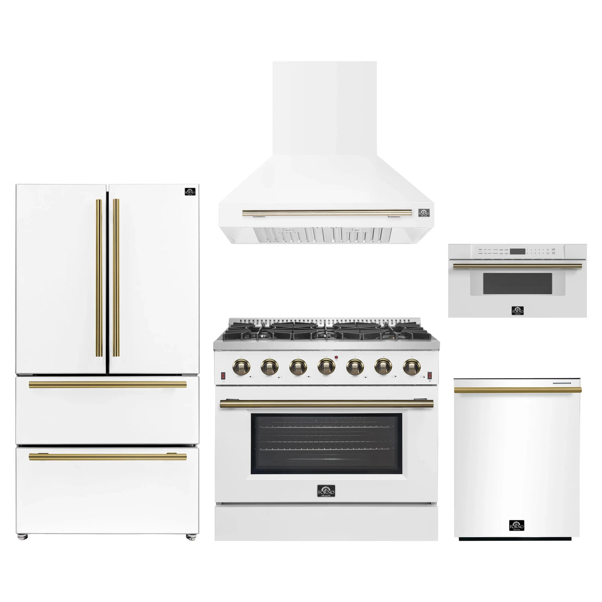 Forno 5-Piece Appliance Package - 36-Inch Gas Range, Wall Mount Range Hood, 36-Inch Refrigerator, Dishwasher, and 30-Inch Microwave Drawer in White with Antique Brass Trim
