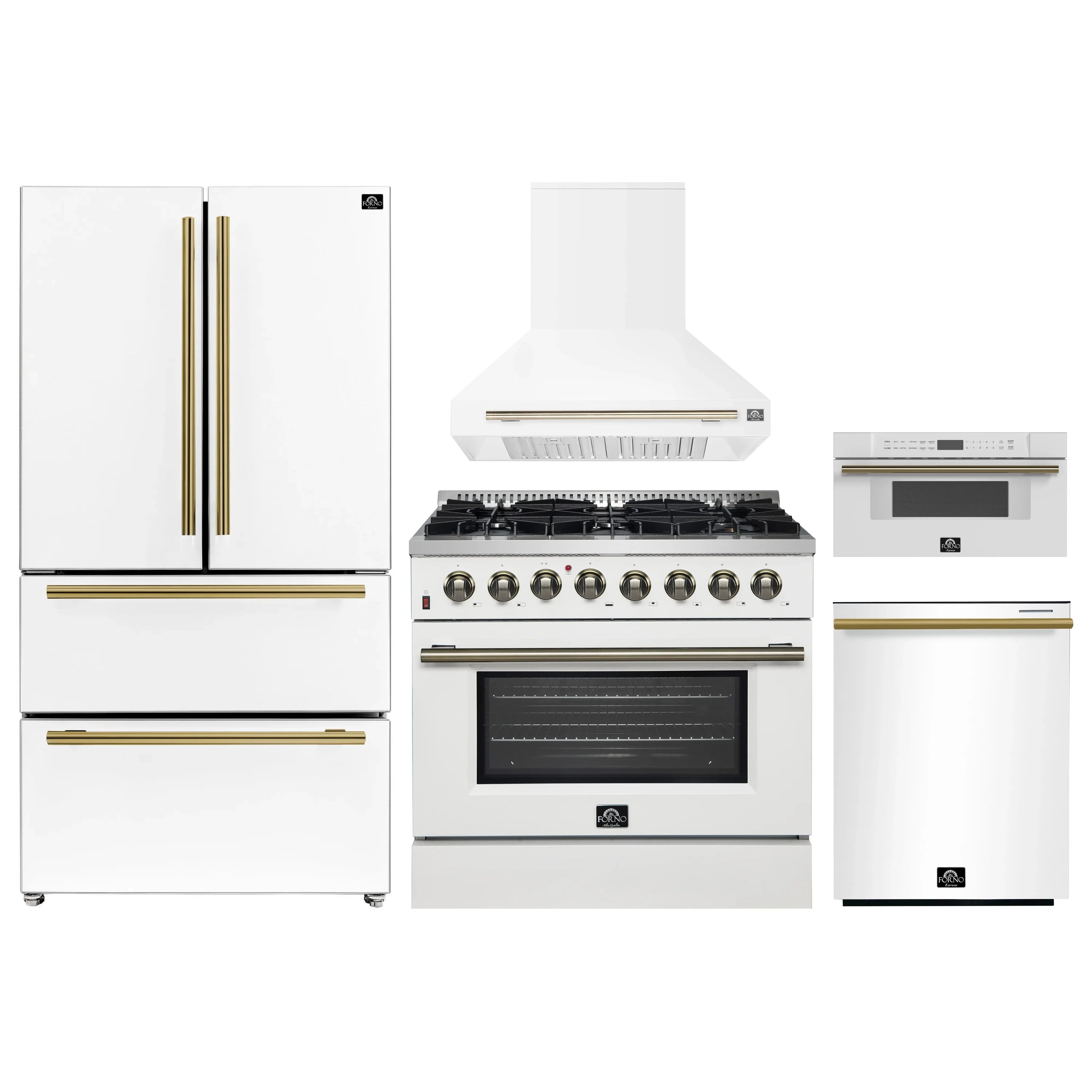 White kitchen appliance set with antique brass accents: refrigerator, range, hood, dishwasher