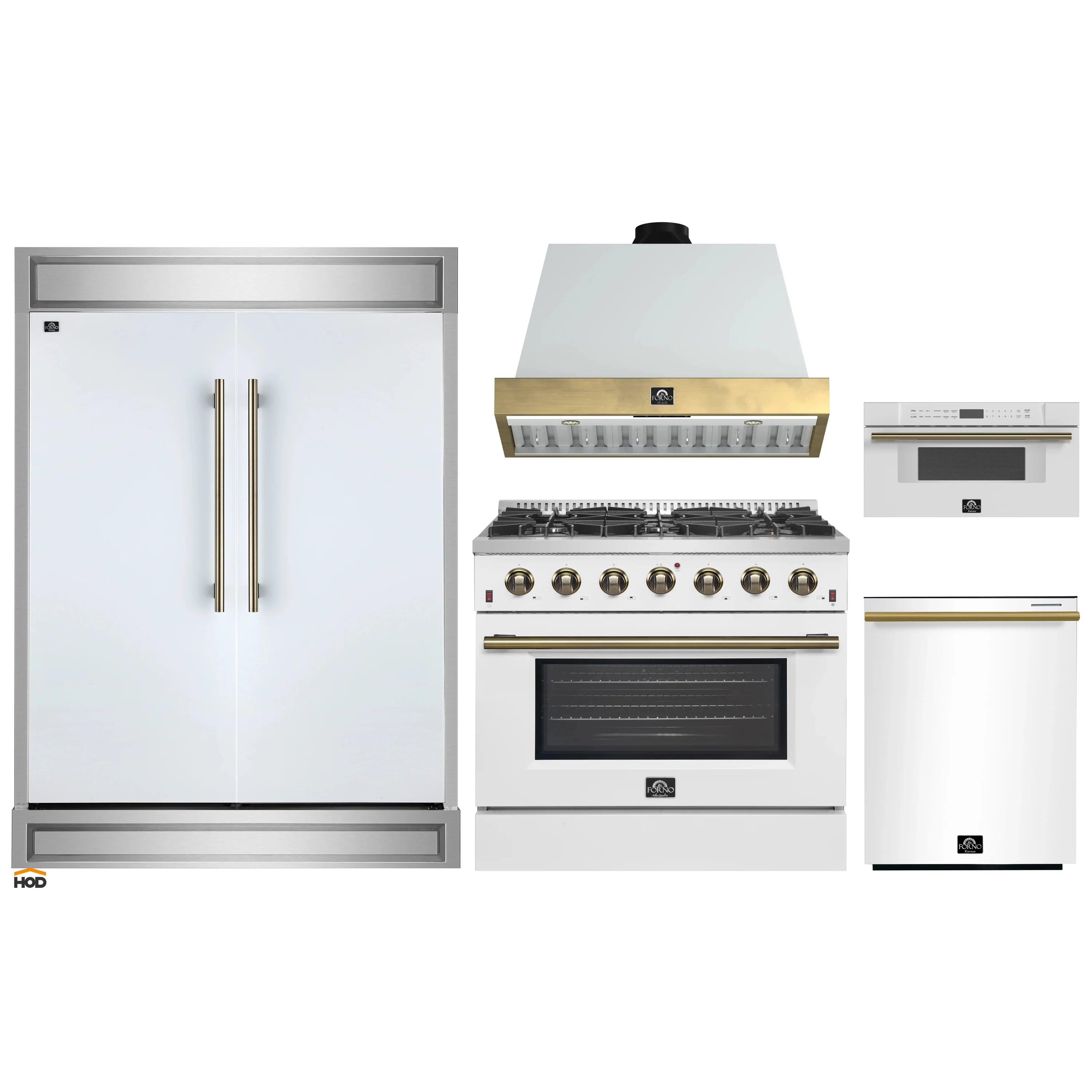 White kitchen appliance package layout: refrigerator, range, dishwasher, and microwave drawer