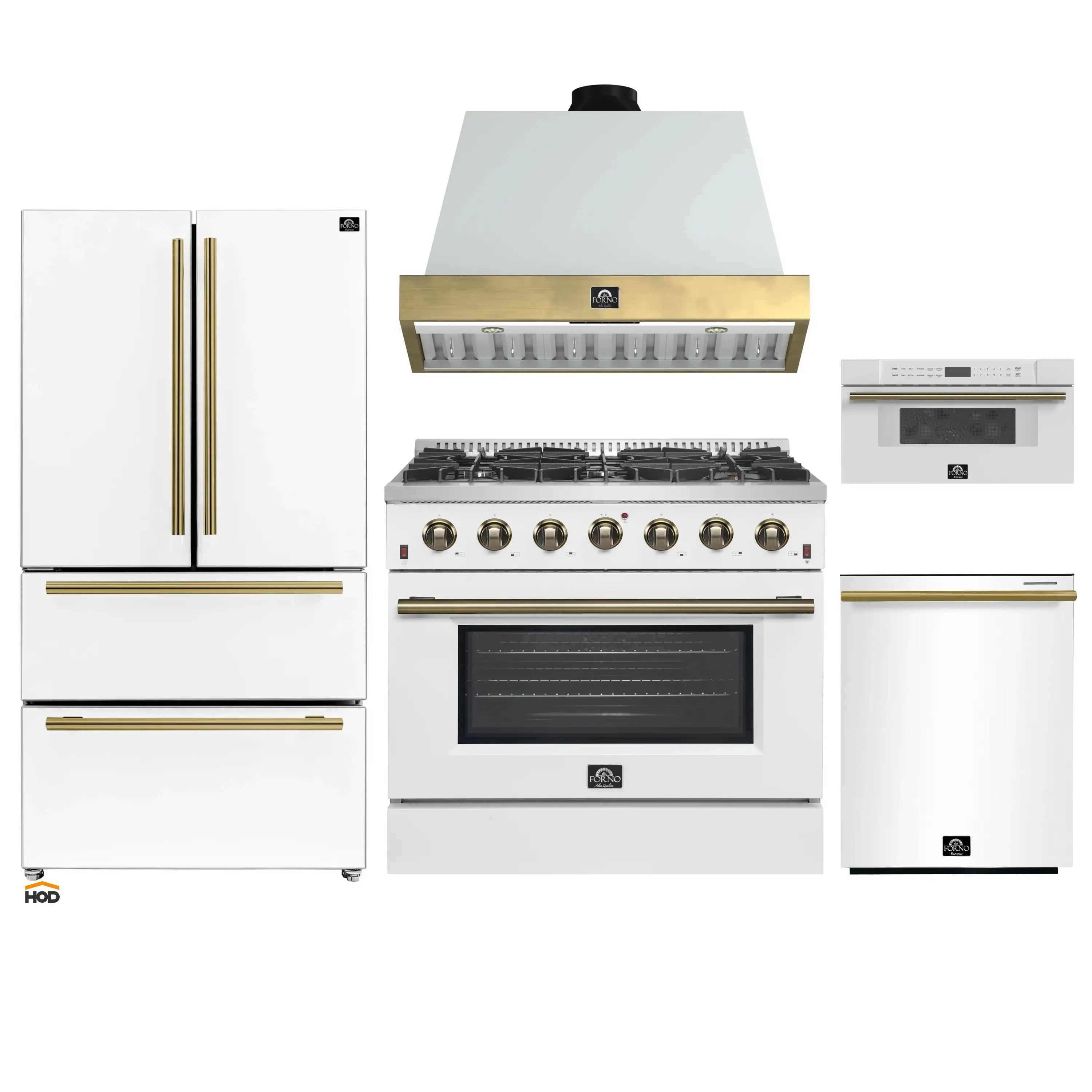 White appliance set with refrigerator, gas range, hood, and dishwasher with brass trim accents