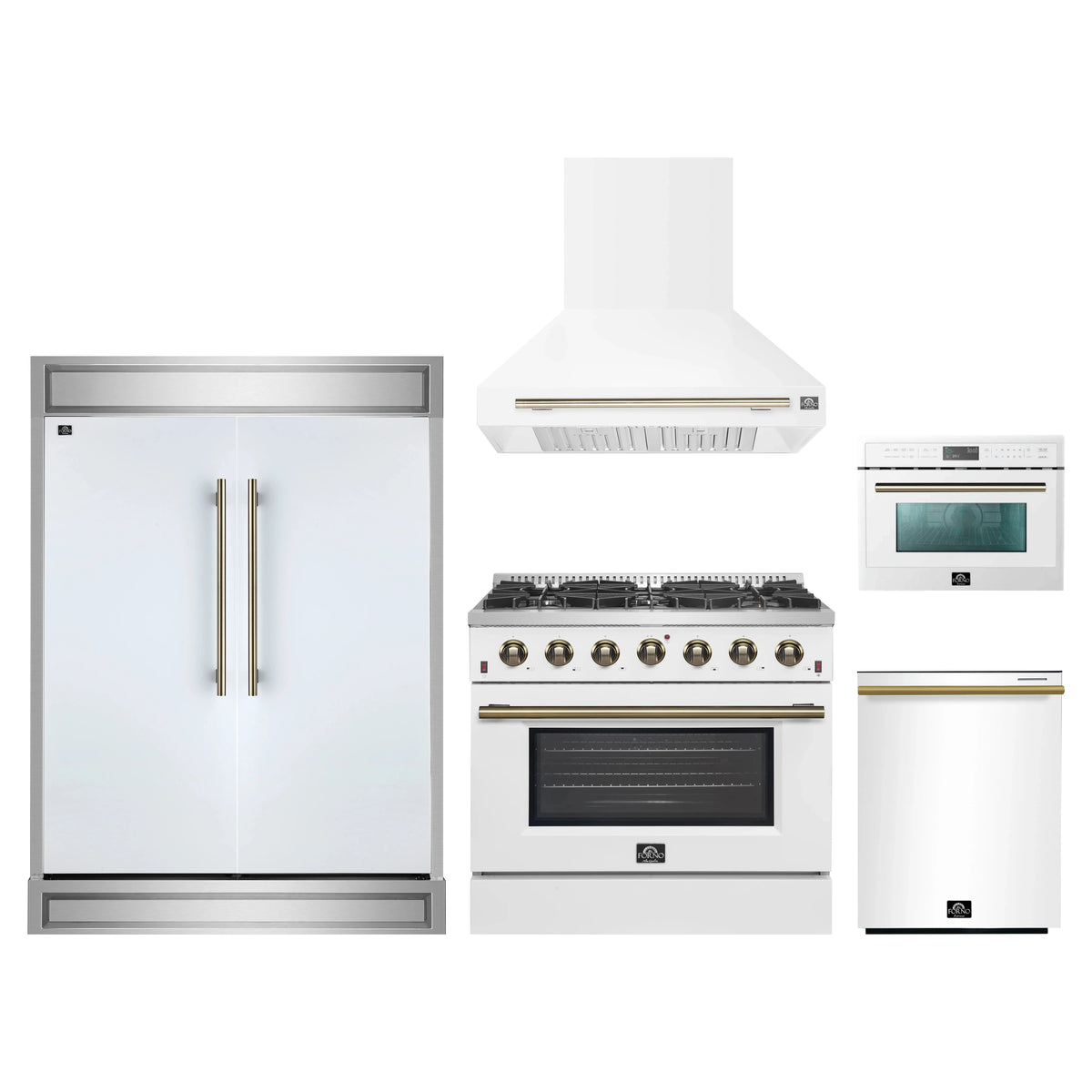 Forno 5-Piece Appliance Package - 36-Inch Gas Range, Wall Mount Range Hood, 60-Inch Refrigerator, Dishwasher, & 24-Inch Microwave Oven in White with Antique Brass Trim