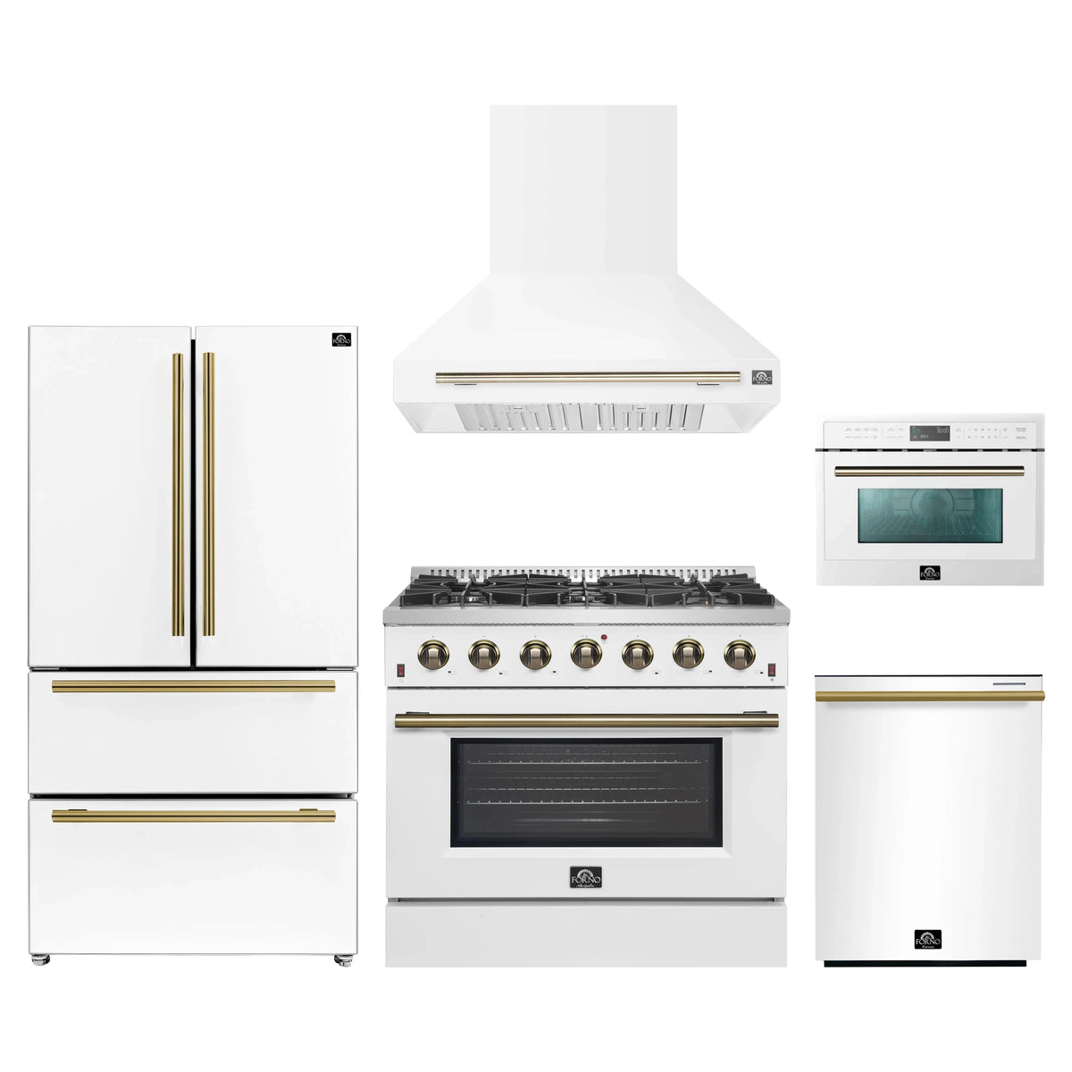 Forno Galiano 5-Piece Appliance Package - 36-Inch Gas Range, 36-Inch Hood, 36-Inch Refrigerator, 24-Inch Dishwasher, & 24-Inch Microwave Oven in White with Antique Brass Trim