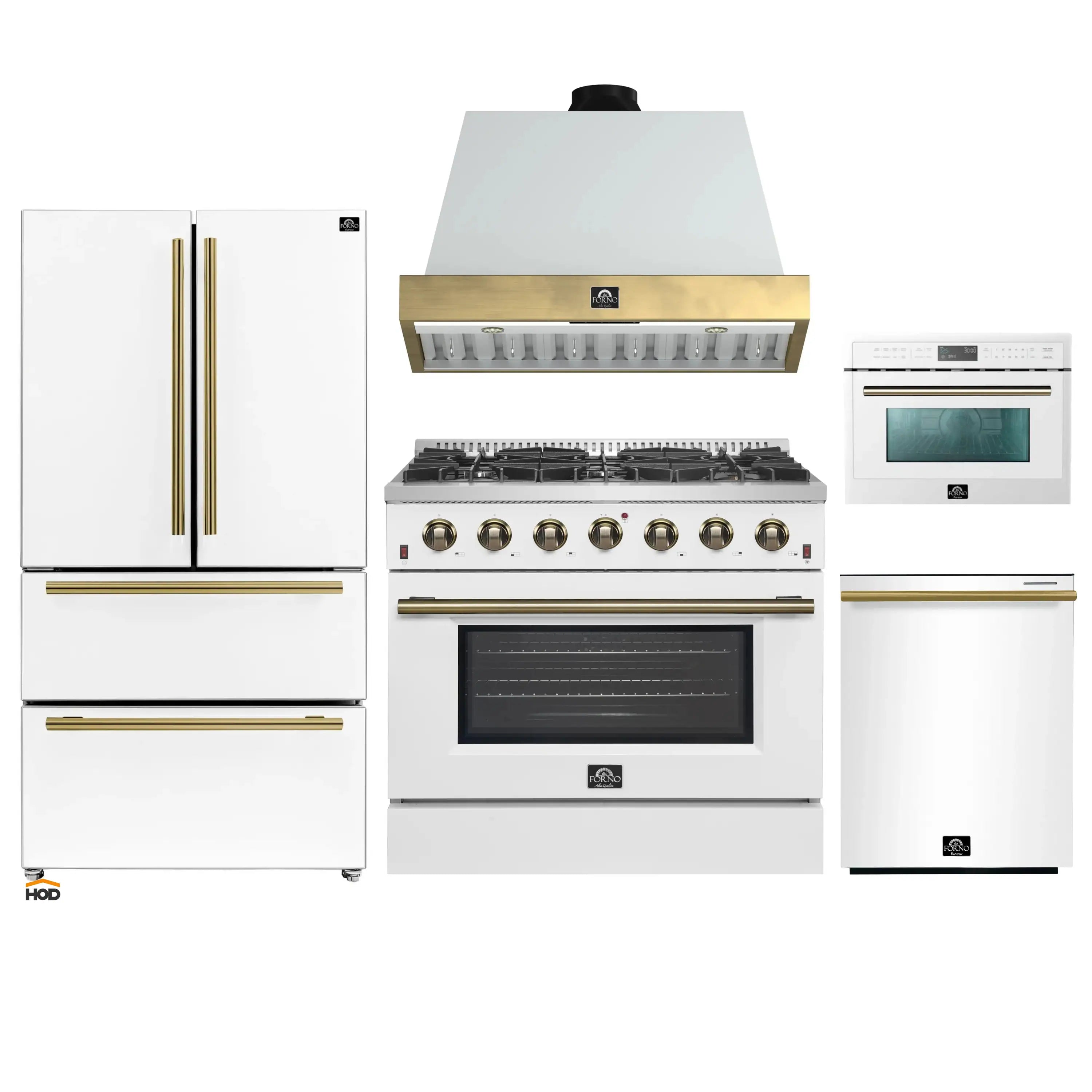 White kitchen appliance package set with refrigerator, gas range, oven, and microwave