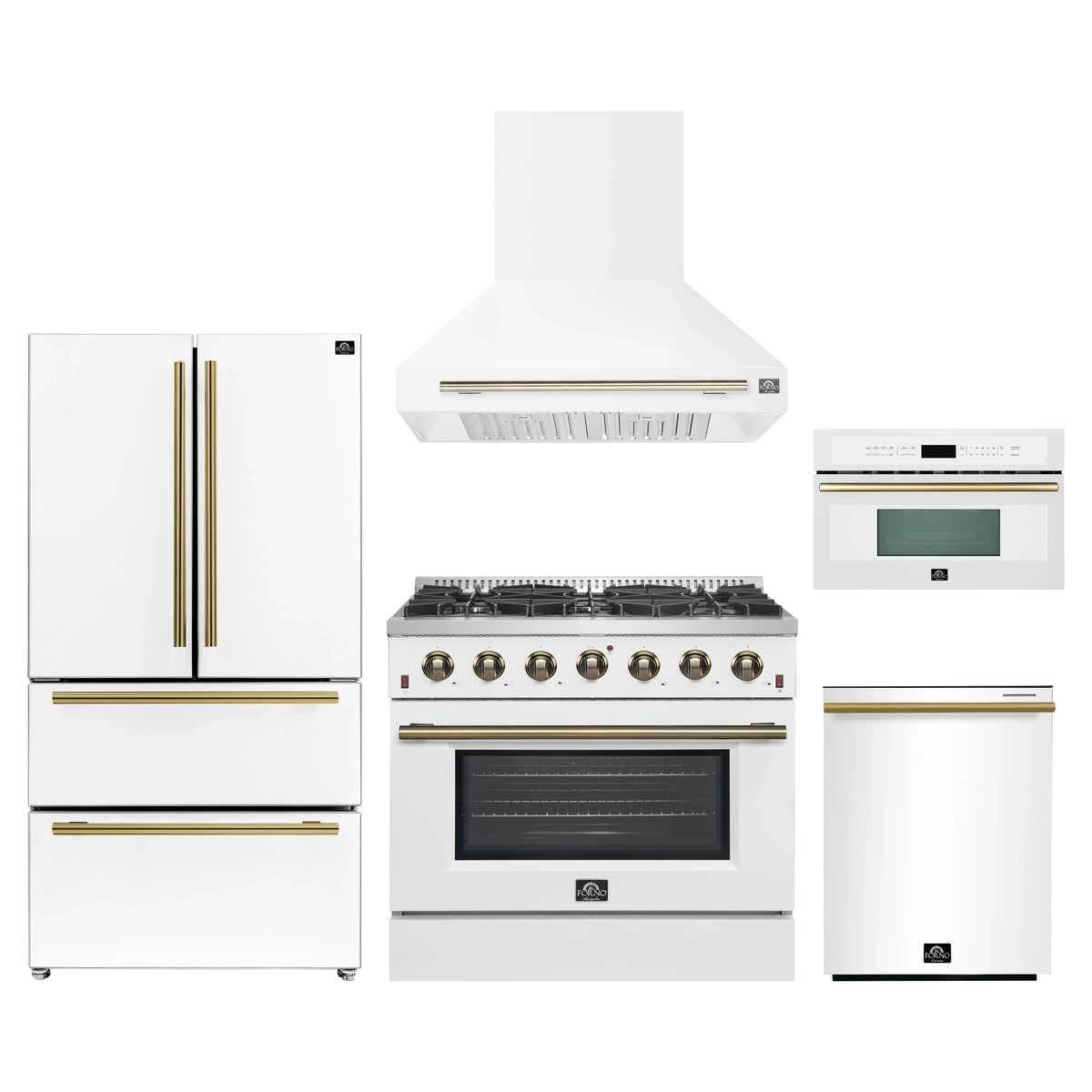 Forno Galiano 5-Piece Appliance Package - 36-Inch Gas Range, 36-Inch Hood, 36-Inch Refrigerator, 24-Inch Dishwasher, & 30-Inch Microwave Oven in White with Antique Brass Trim