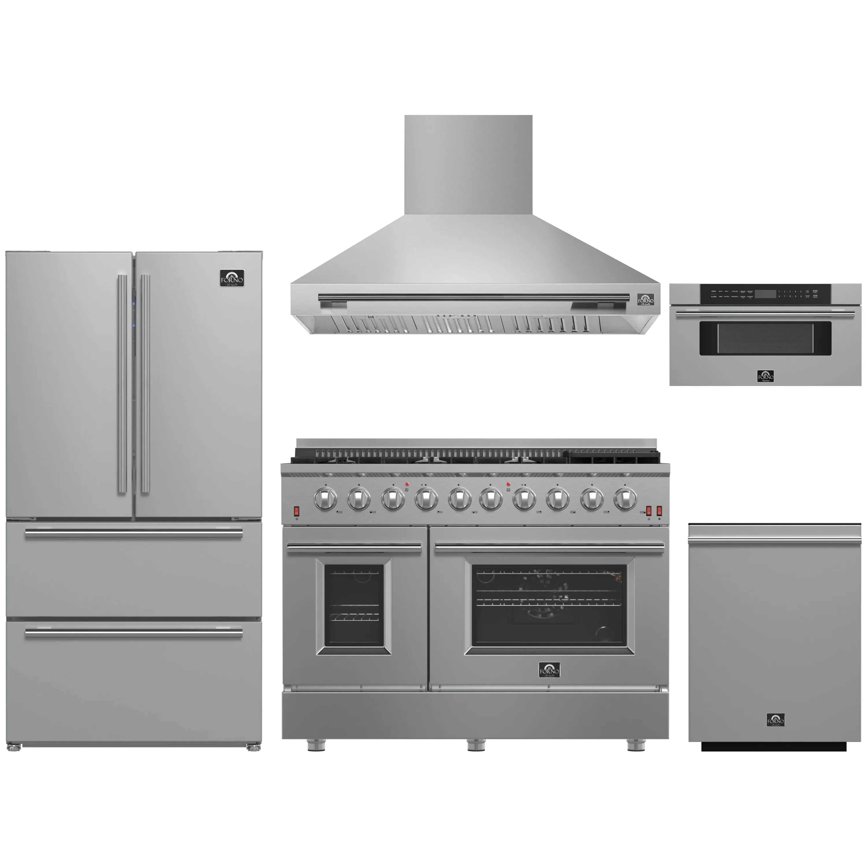 Stainless steel 5-piece kitchen appliance package with gas range, hood, fridge, dishwasher, microwave
