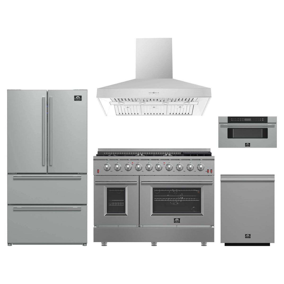 Forno 5-Piece Appliance Package - 48-Inch Gas Range, Wall Mount Range Hood, 36-Inch Refrigerator, Dishwasher, and 30-Inch Microwave Drawer in Stainless Steel