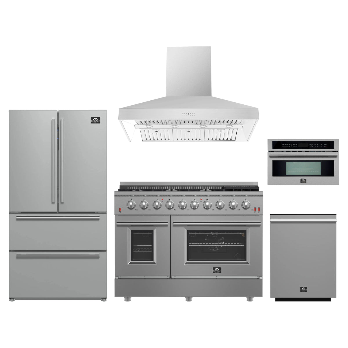 Forno 5-Piece Appliance Package - 48-Inch Gas Range, Wall Mount Range Hood, 36-Inch Refrigerator, Dishwasher, and 30-Inch Microwave Oven in Stainless Steel
