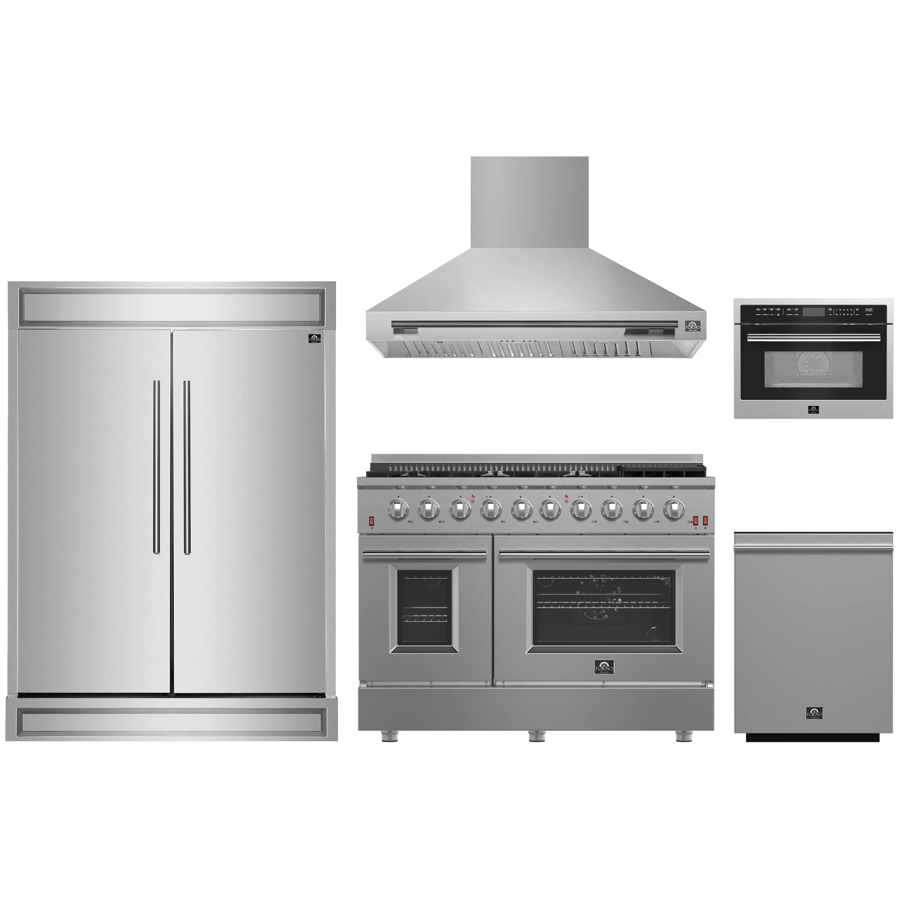 5-piece stainless steel appliance package: gas range, hood, fridge, microwave, dishwasher.