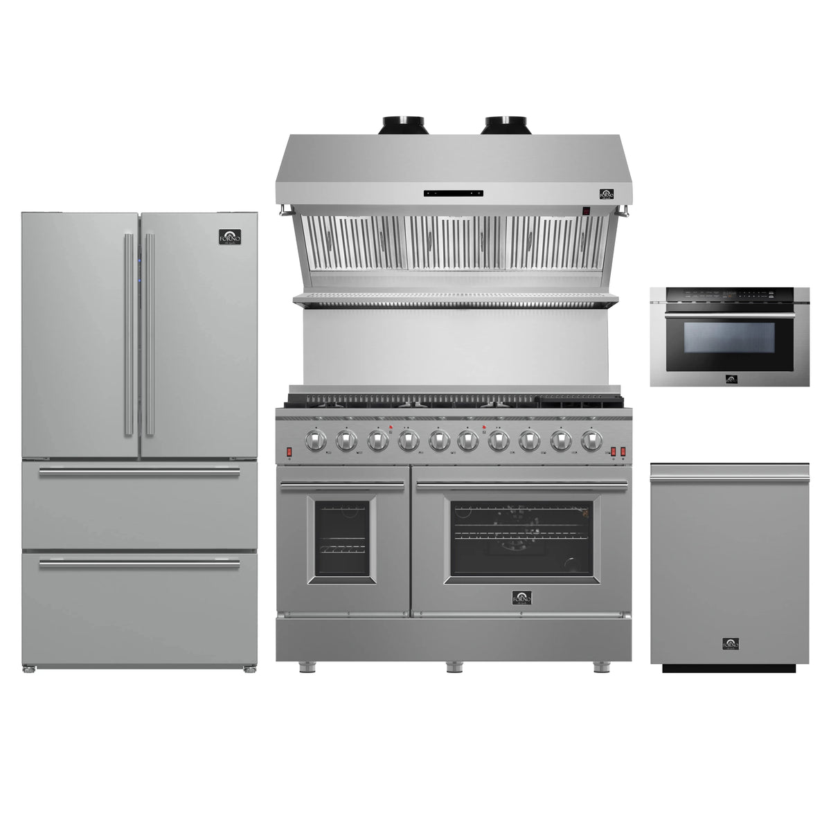 Forno 5-Piece - 48-Inch Gas Range, Refrigerator, Wall Mount Hood with Backsplash, 24-Inch Microwave Drawer, & 3-Rack Dishwasher in Stainless Steel