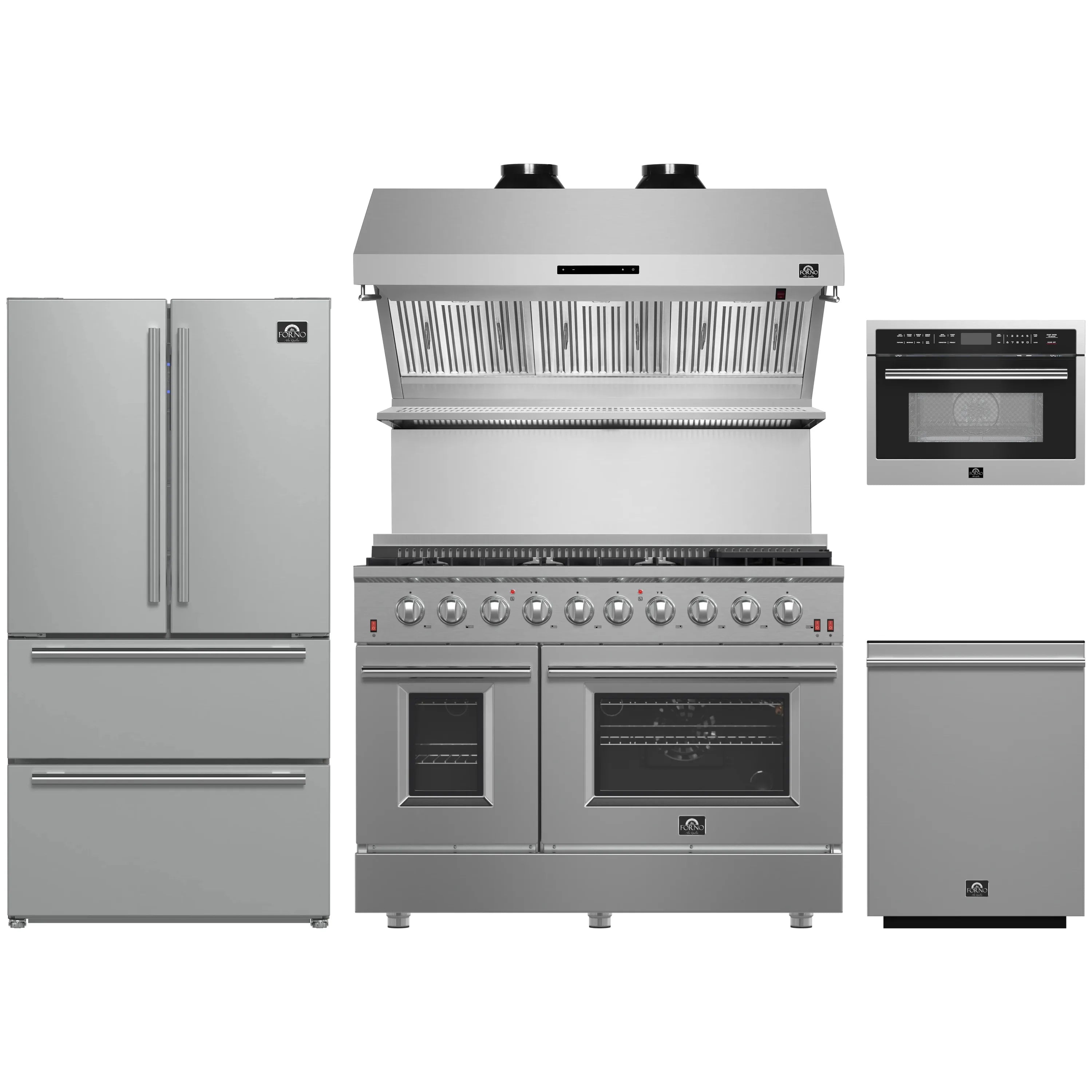 Stainless steel kitchen appliance set with gas range, wall oven, refrigerator, and hood