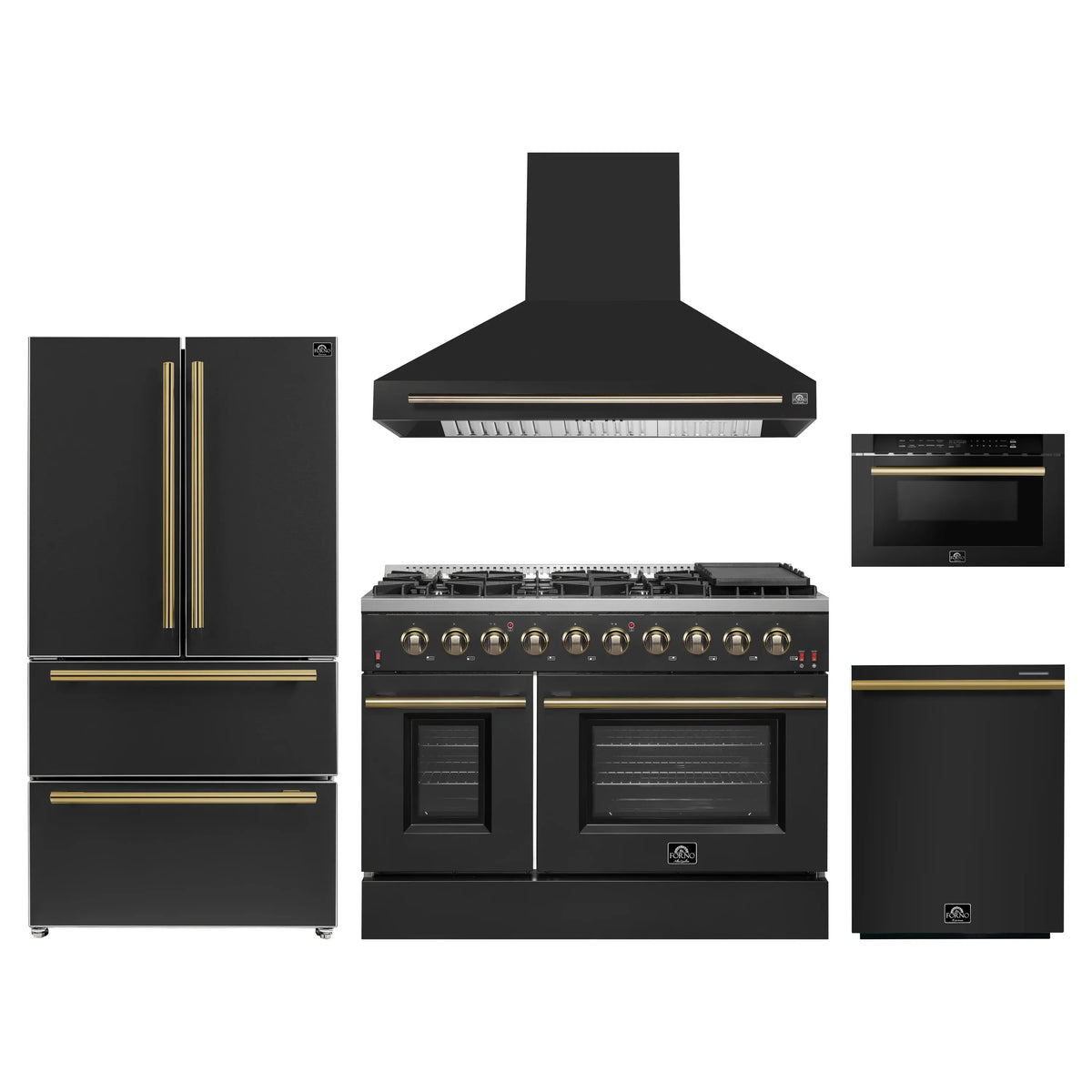Forno 5-Piece Appliance Package - 48-Inch Gas Range, Wall Mount Range Hood, 36-Inch Refrigerator, Dishwasher, and 24-Inch Microwave Drawer in Black with Antique Brass Trim