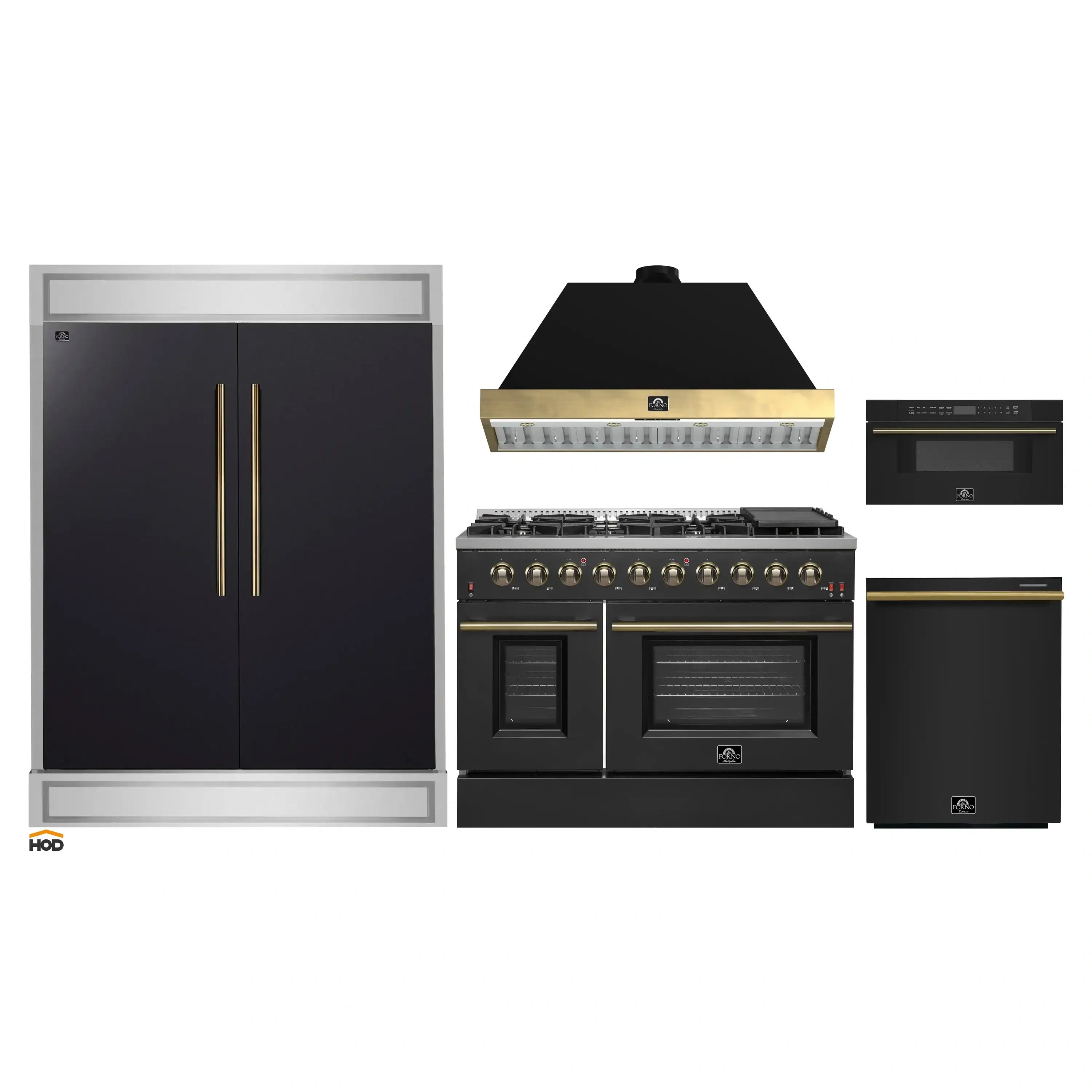 5-piece black appliance package with modern gold accents