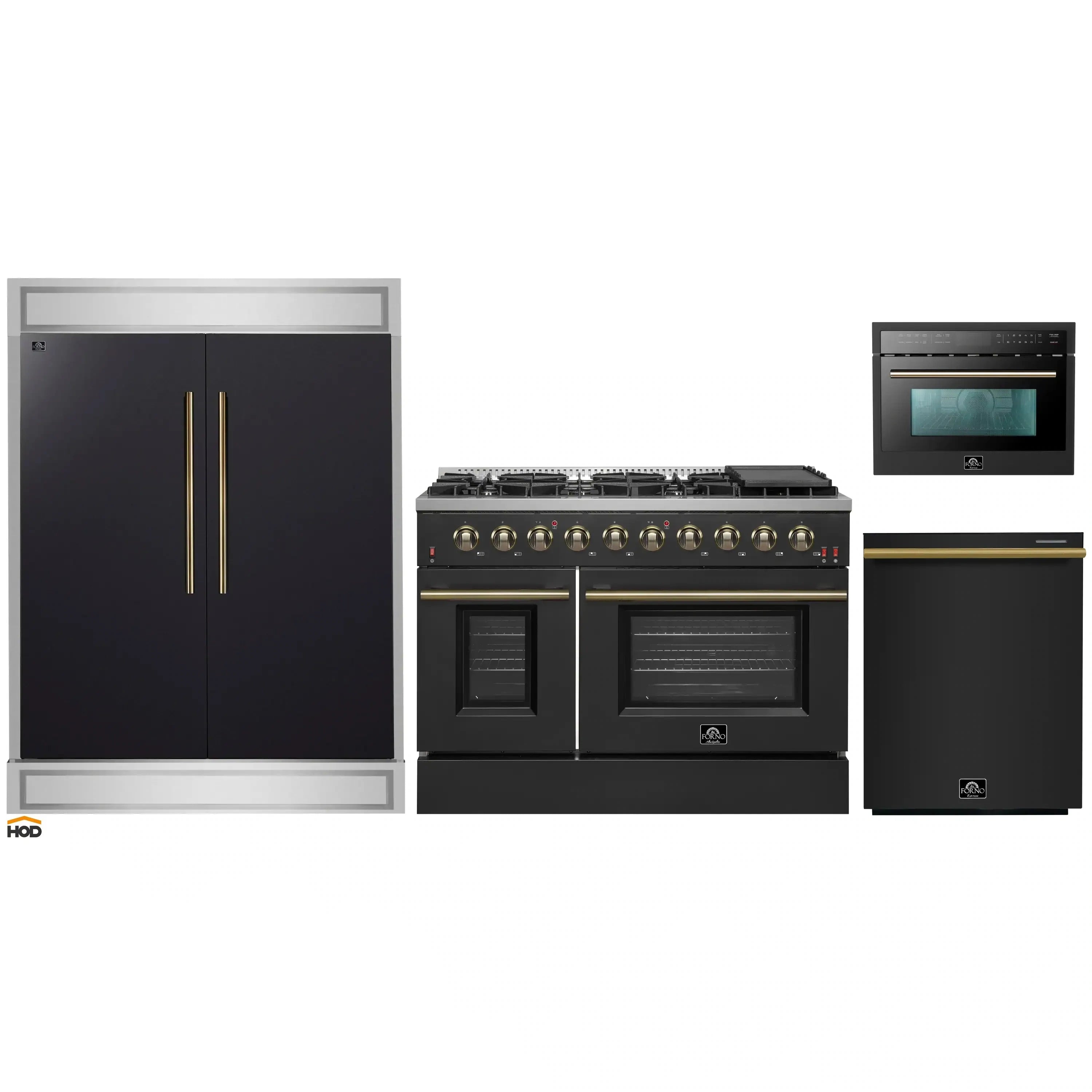 Black kitchen appliance set with refrigerator, gas range, dishwasher, and microwave